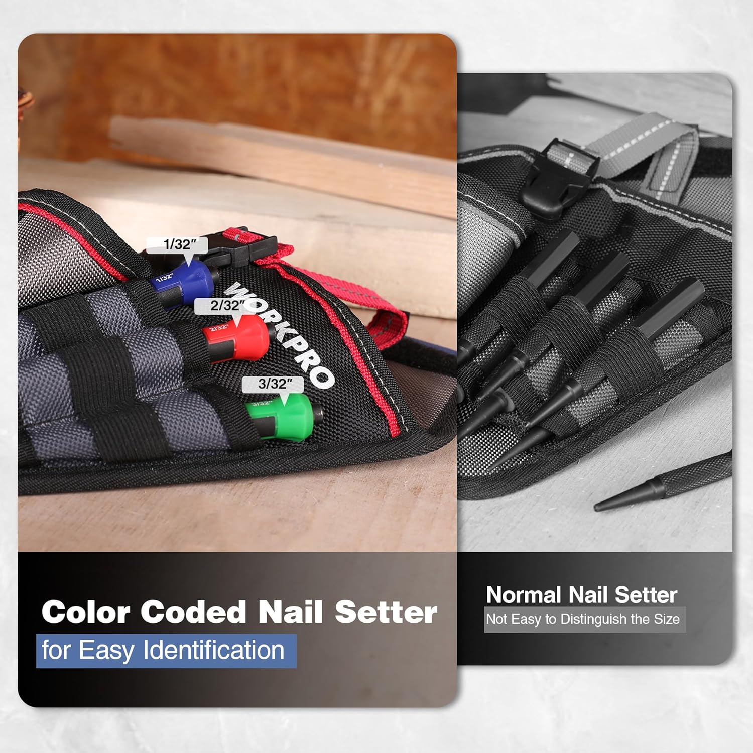 Color-coded nail setter tools in a storage pouch: 1/32" blue, 2/32" red, 3/32" green
