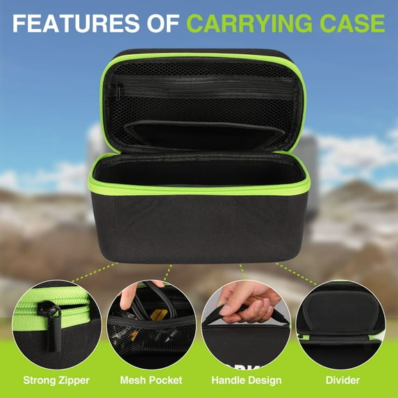 Black-and-green carrying case for WORKPRO portable air compressor, zipper and mesh pocket