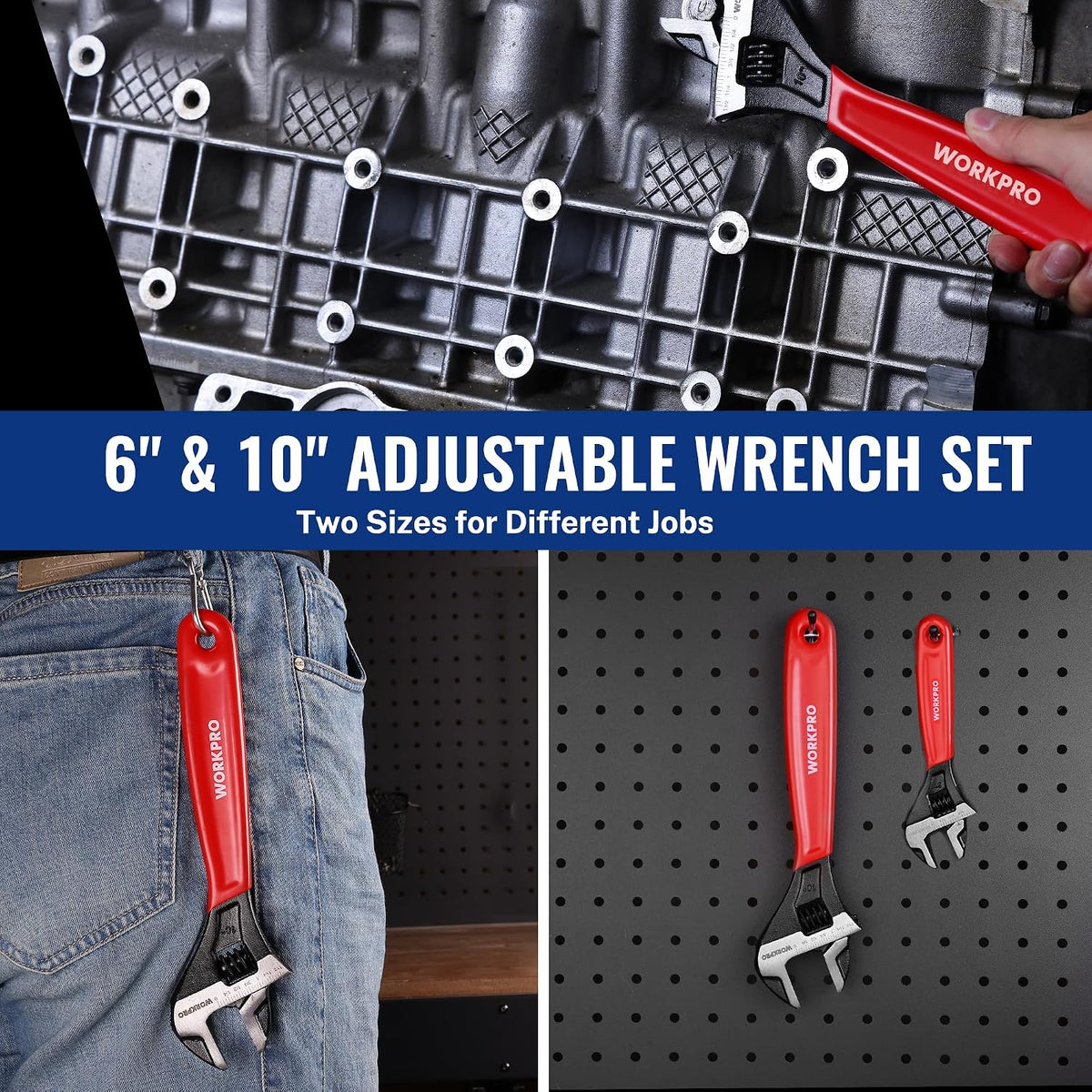 WORKPRO 2-Piece Adjustable Wrench Set, 6-Inch & 10-Inch Wide Jaw Wrenches