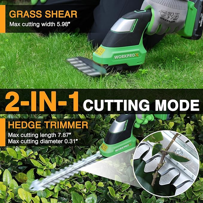 Cordless 2-in-1 grass shear and hedge trimmer cutting blades on green grass