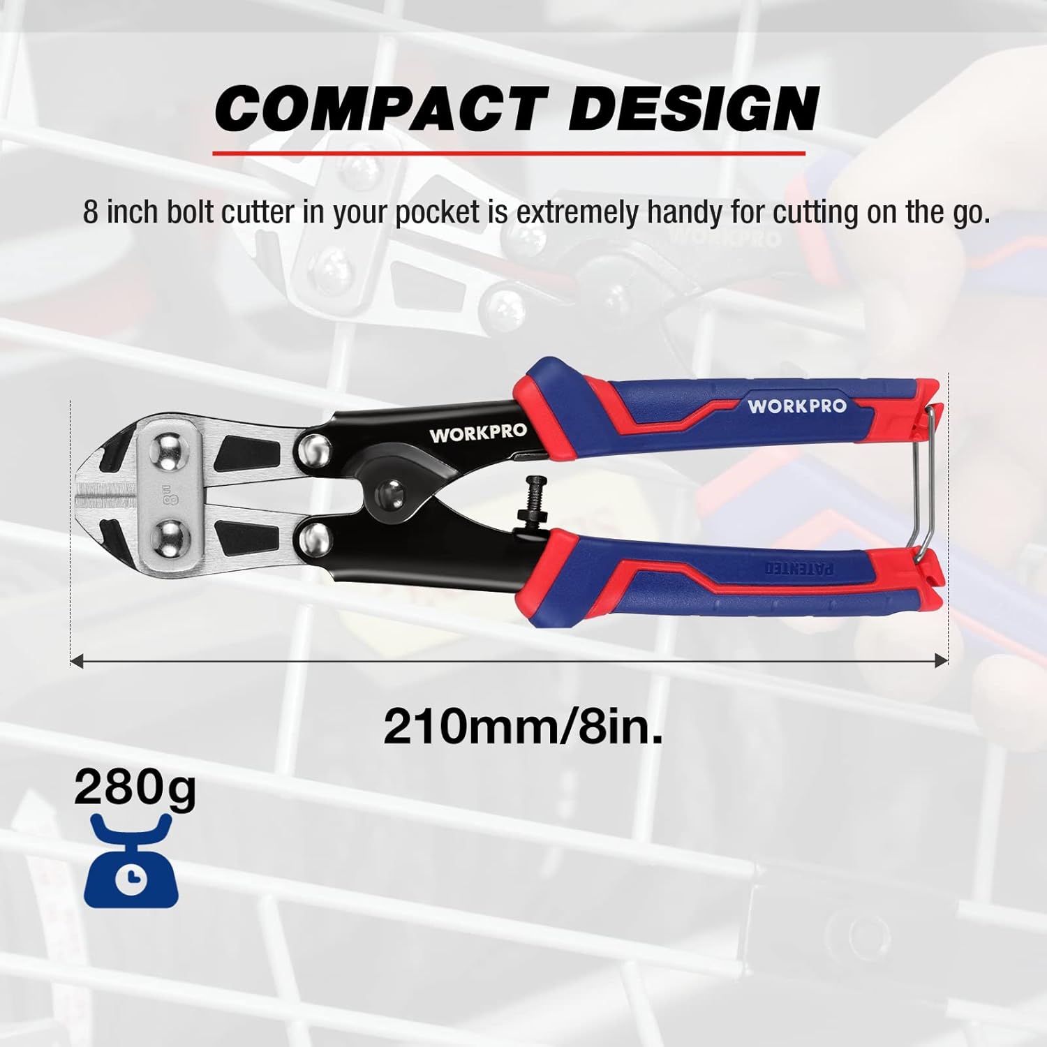 Compact mini bolt cutter with blue/red anti-slip handles and silver cutting head