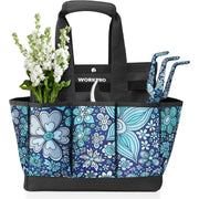Floral blue garden tool tote bag with front pocket compartments and black carry handles