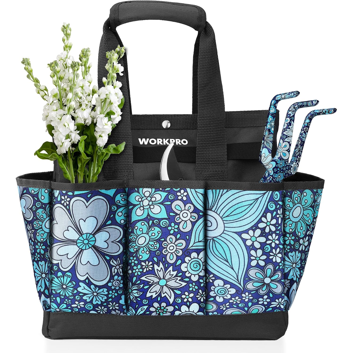 Floral blue garden tool tote bag with front pocket compartments and black carry handles