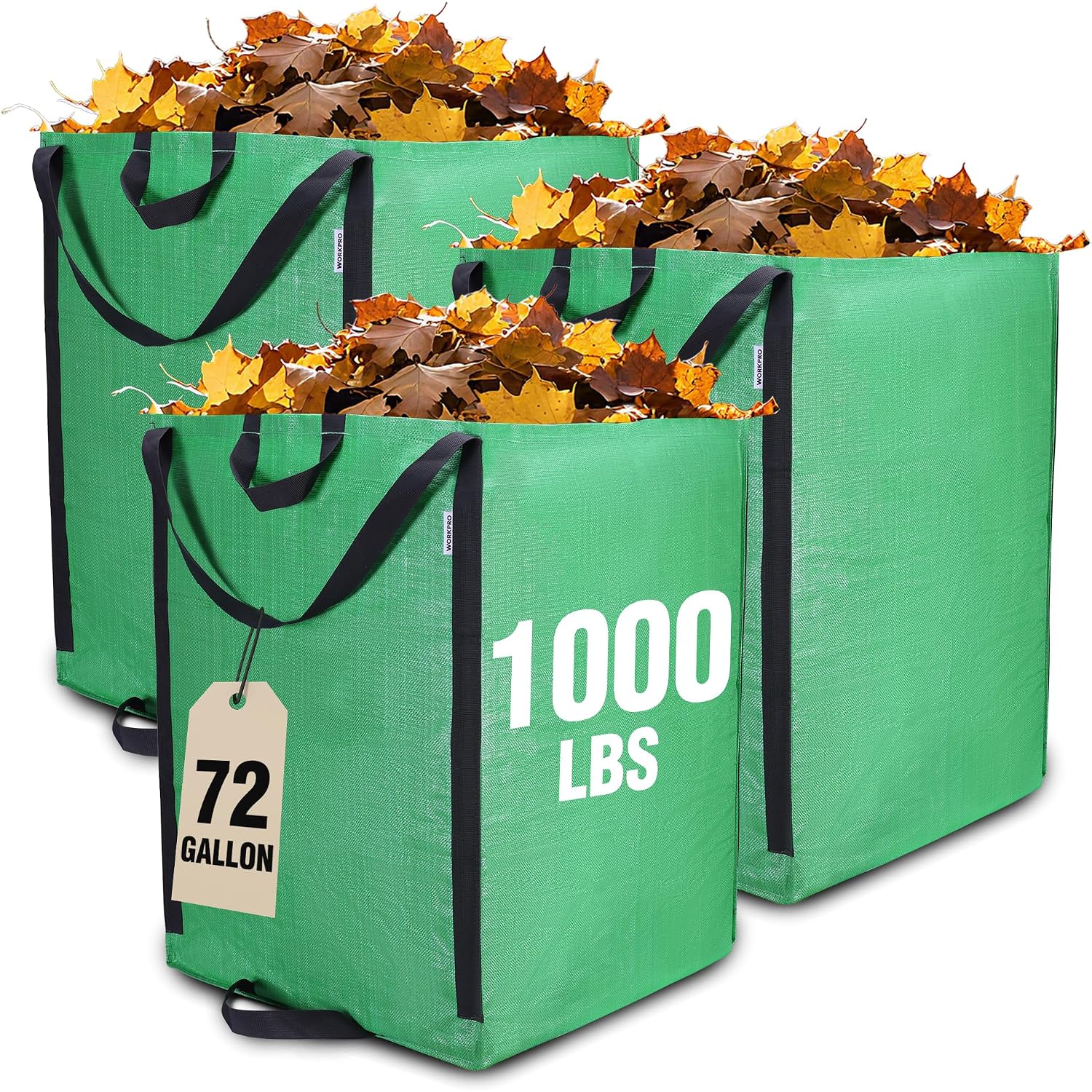 Three green self-standing yard waste bags filled with leaves and reinforced handles