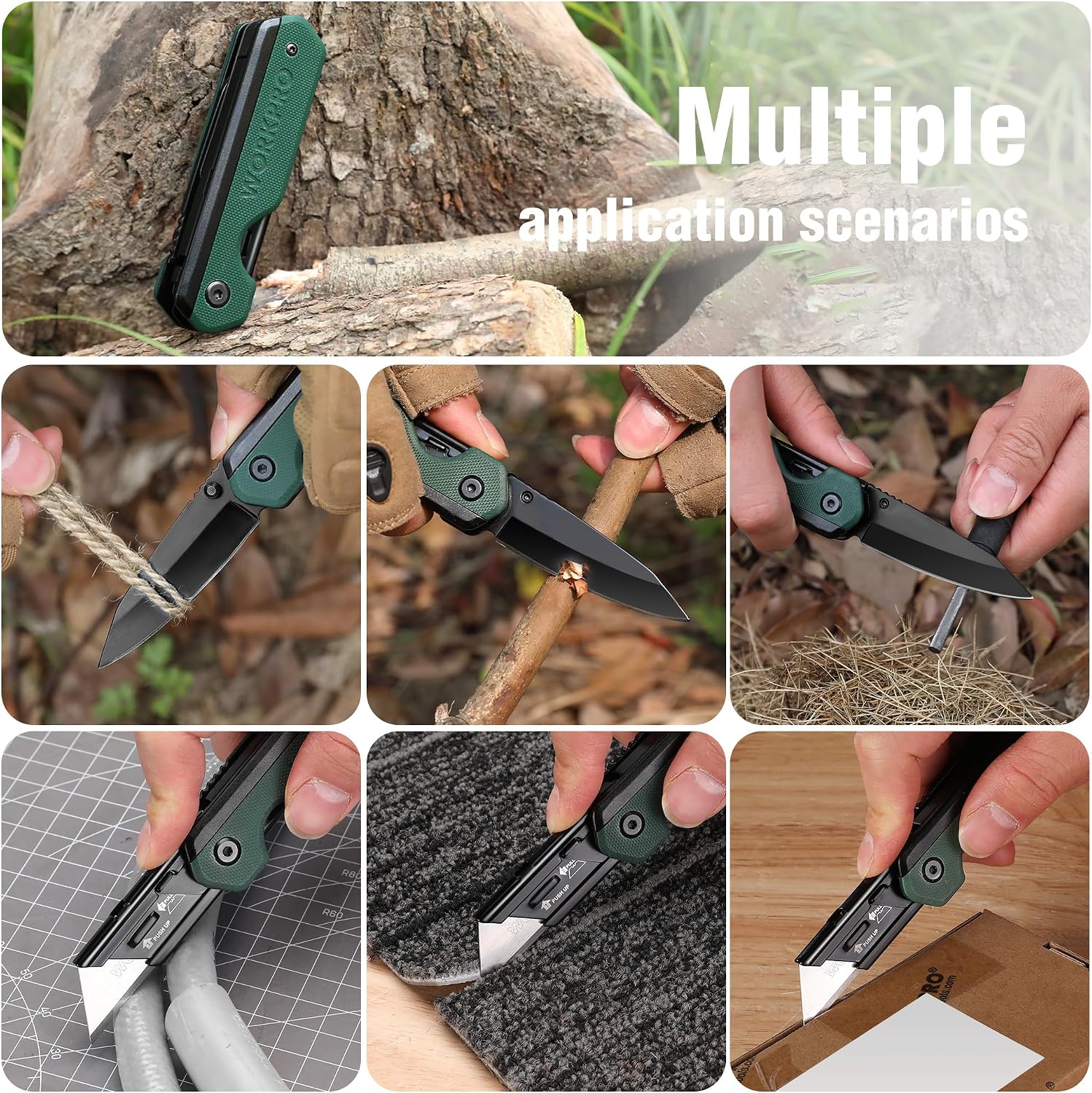 WORKPRO 2-in-1 Folding Knife, Quick-Change Box Cutter with Belt Clip, Liner Lock, and G10 Handle, Extra 10 SK5 Blades Included, Green