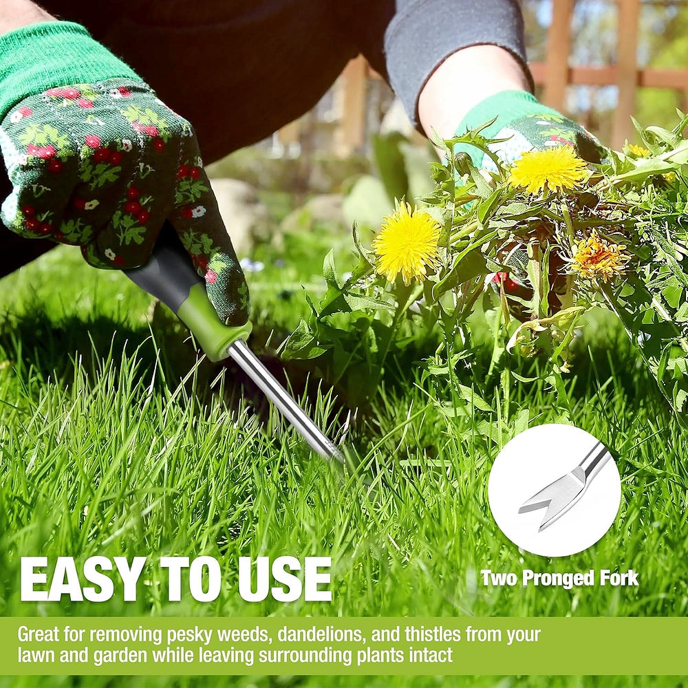WORKPRO two-pronged weed weeder tool with soft handle in green grass