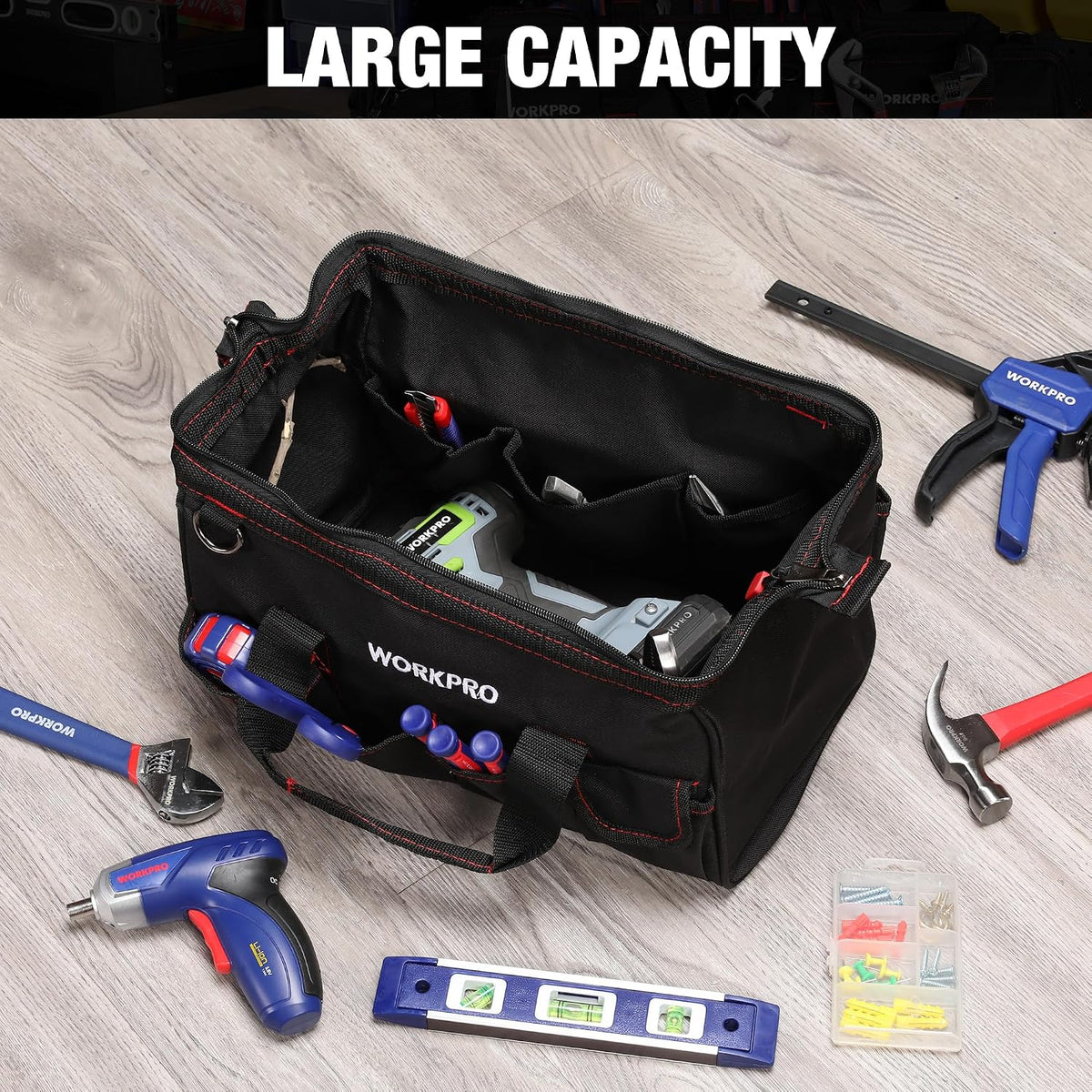 WORKPRO 14-inch Tool Bag Multi-pocket Tool Organizer with Adjustable Shoulder Strap
