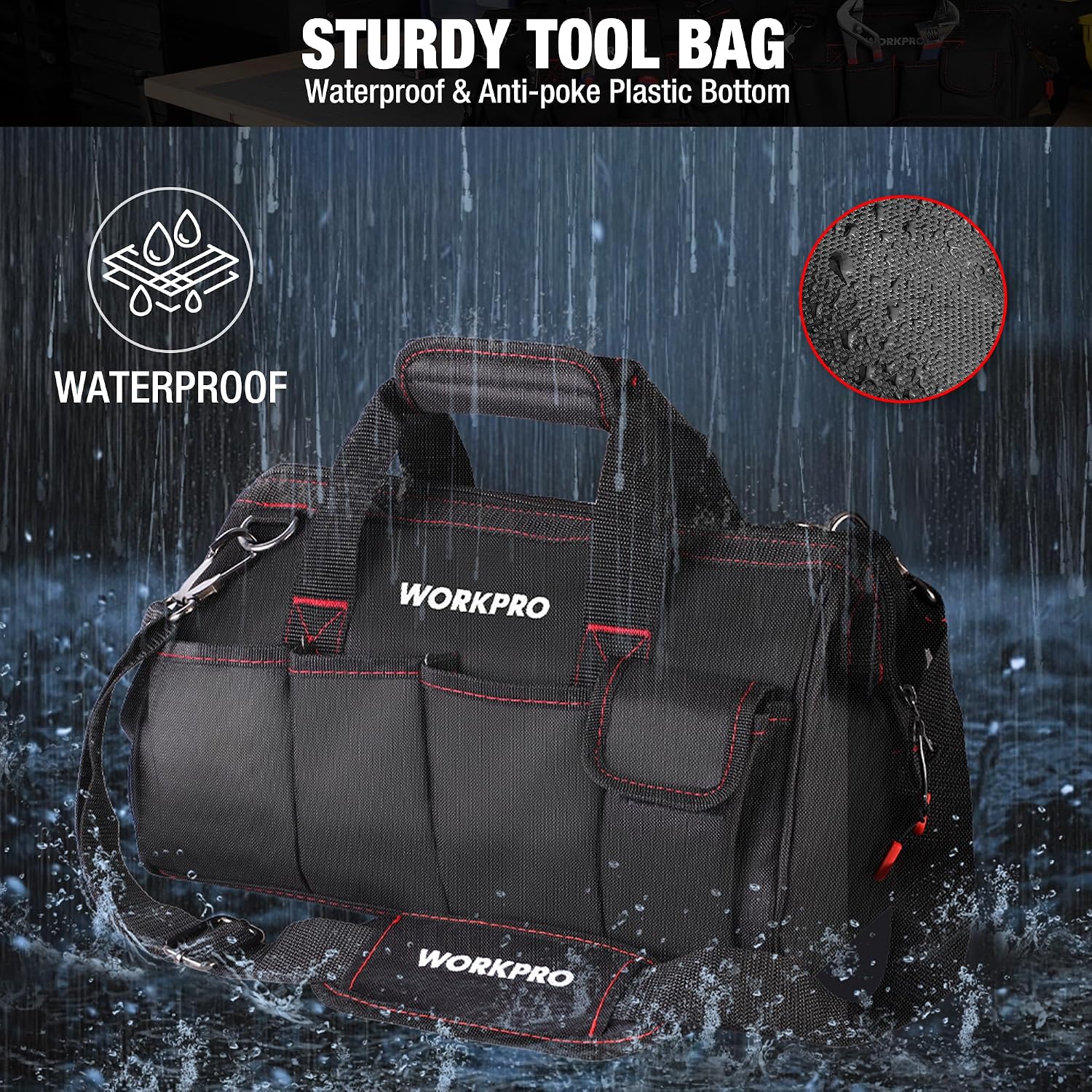 WORKPRO 16-inch close top wide mouth tool storage bag in black with innovation quality and durable secure base