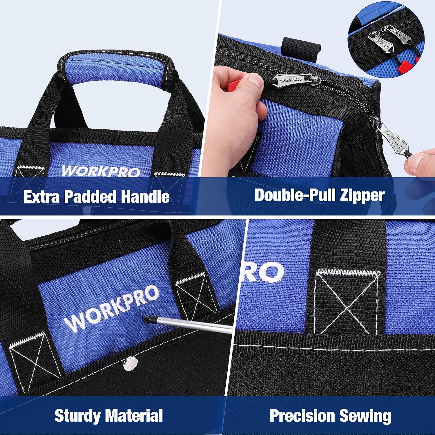 WORKPRO 13 inch wide mouth tool tote bag in blue and black with durable quality innovation and secure zipper