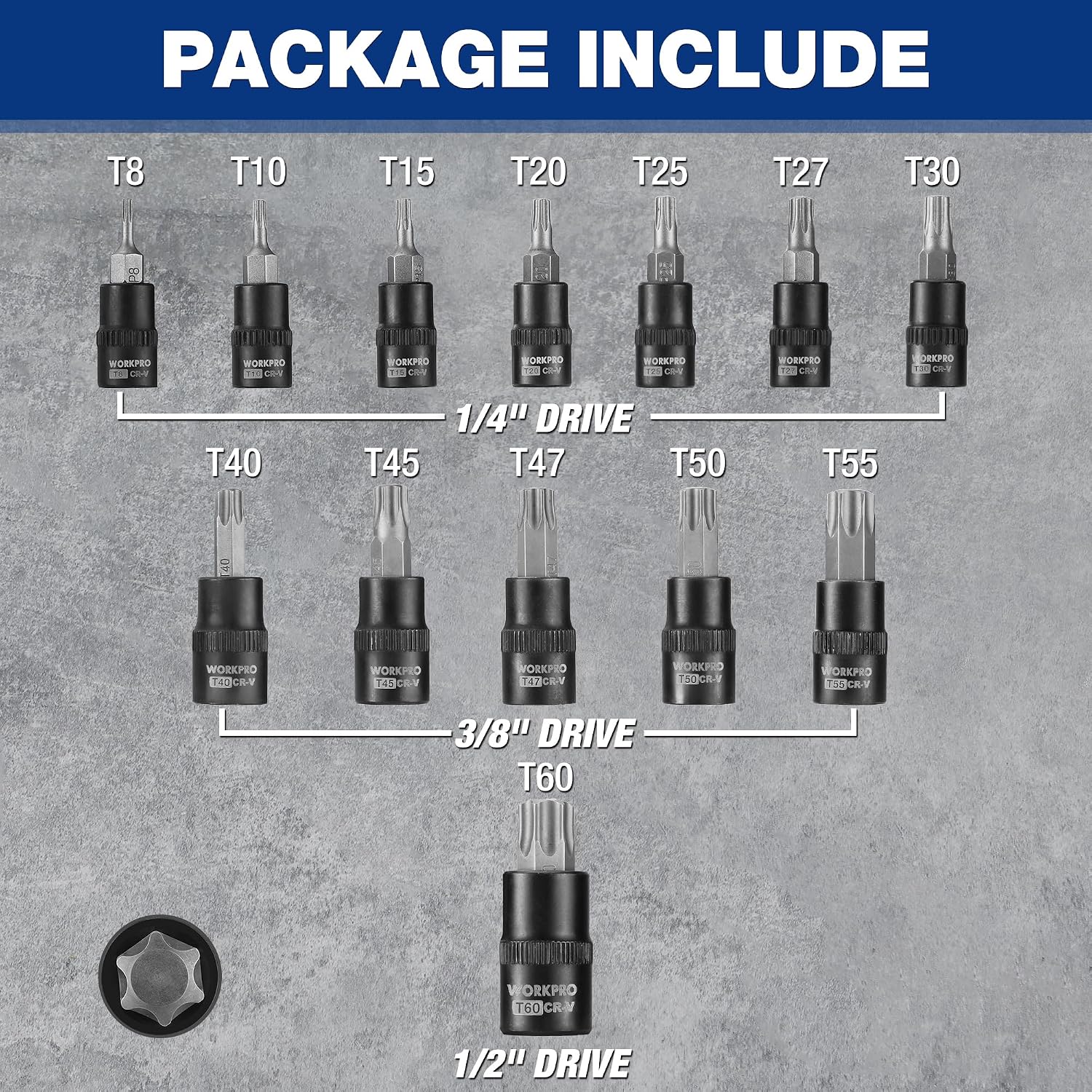 Torx socket bit set with assorted sockets for 1/4, 3/8 and 1/2 drive