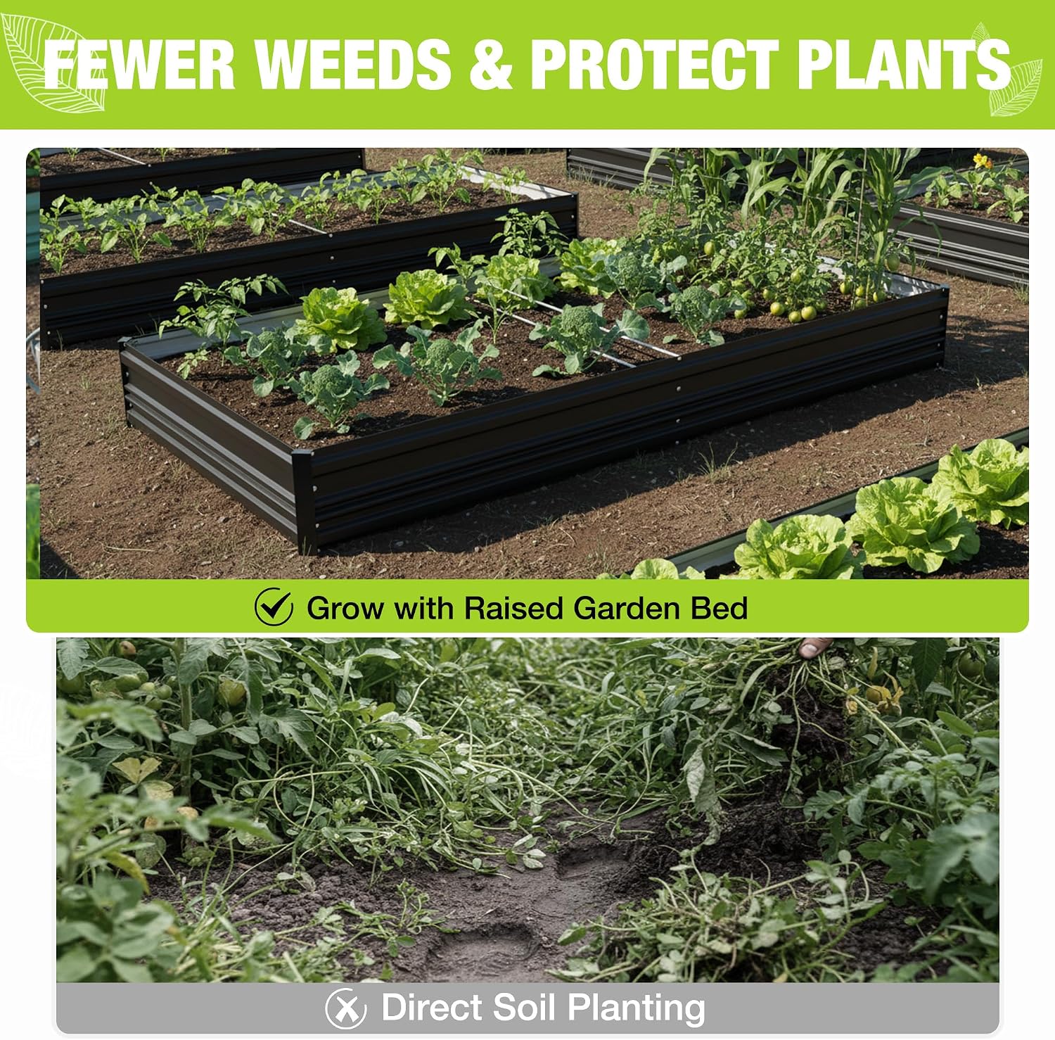 Black raised garden bed with mixed vegetables and leafy greens inside