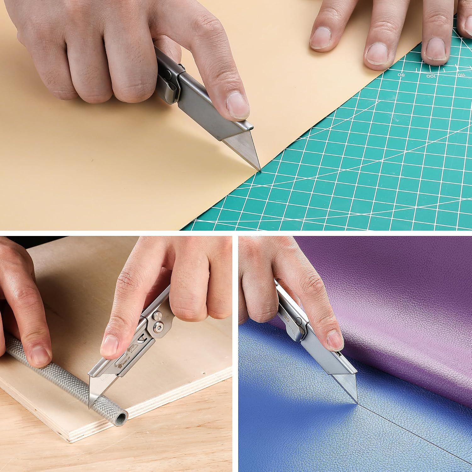 Hands using WORKPRO folding utility knife to cut foam board, leather, and vinyl