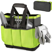Green garden tool bag with multiple compartments, gray gloves, and padded top handle.