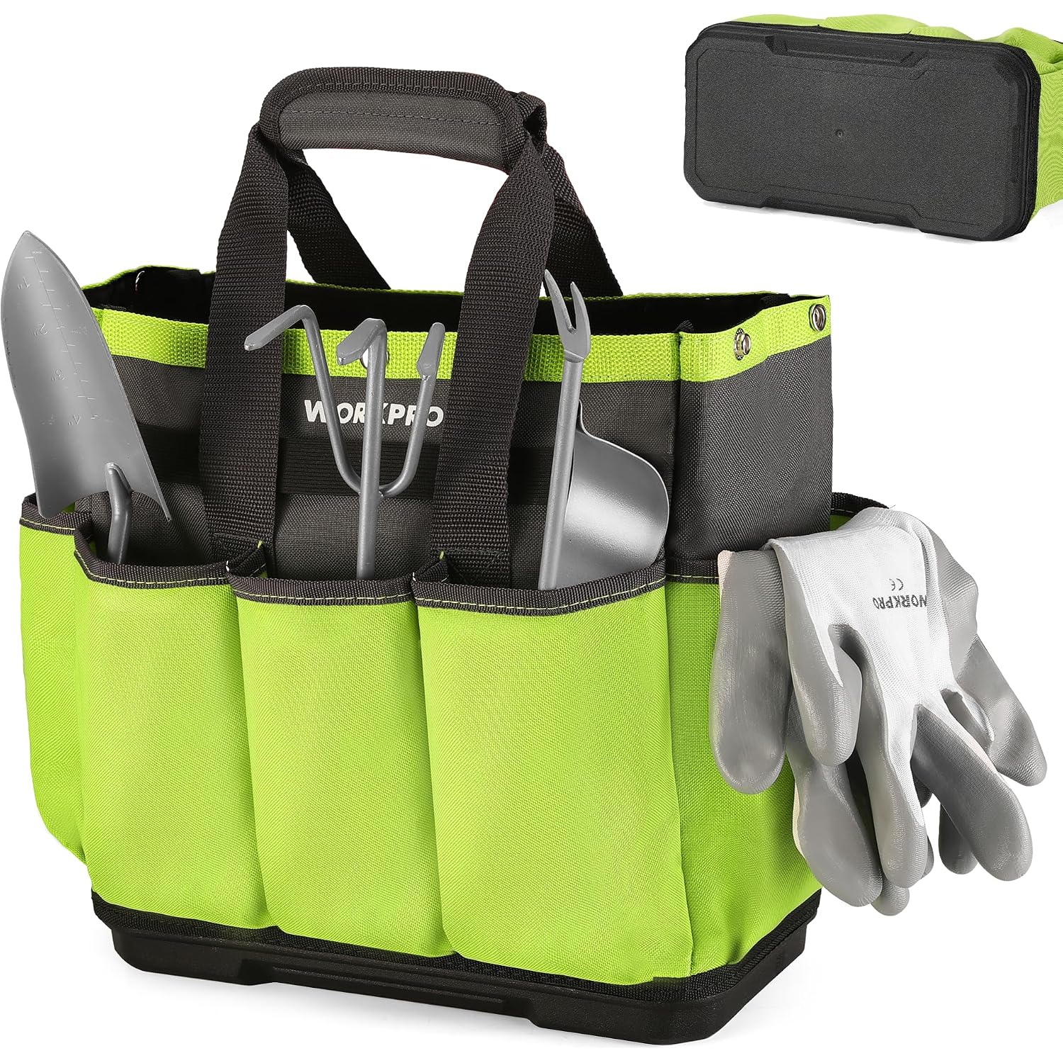 Green garden tool bag with multiple compartments, gray gloves, and padded top handle.
