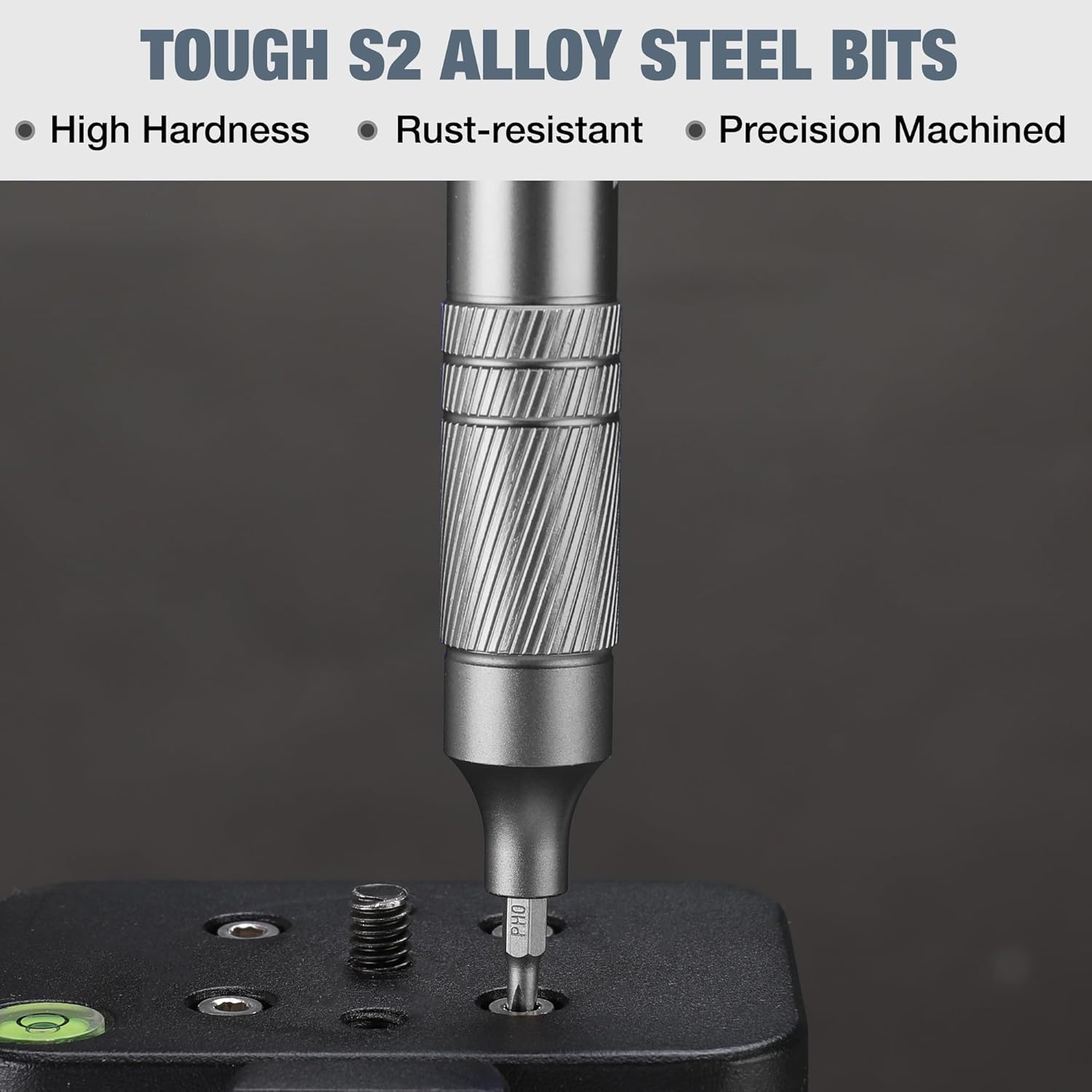WORKPRO tough S2 steel bit inserted into small black base, close-up