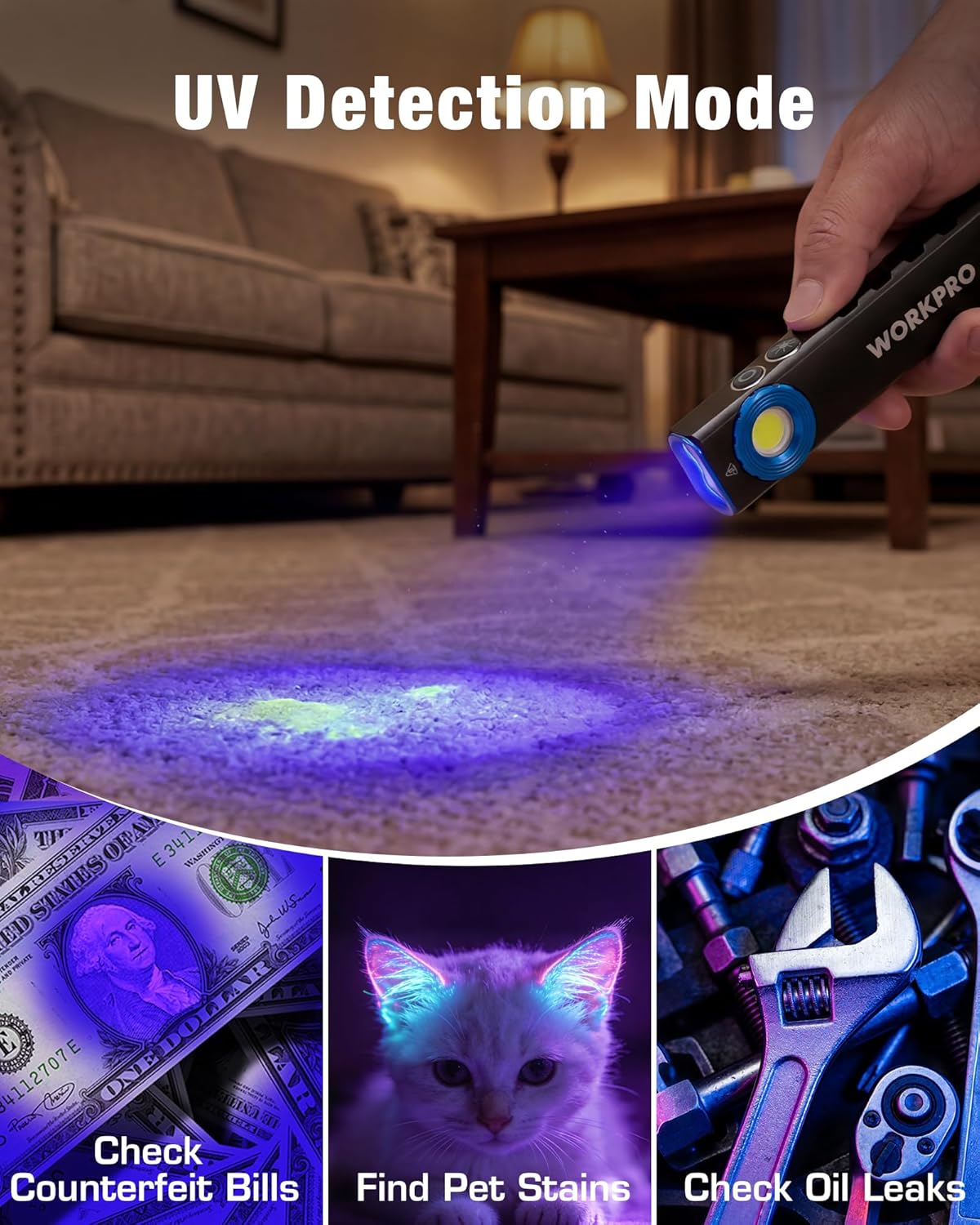Rechargeable flashlight in UV detection mode emitting purple-blue light onto the floor