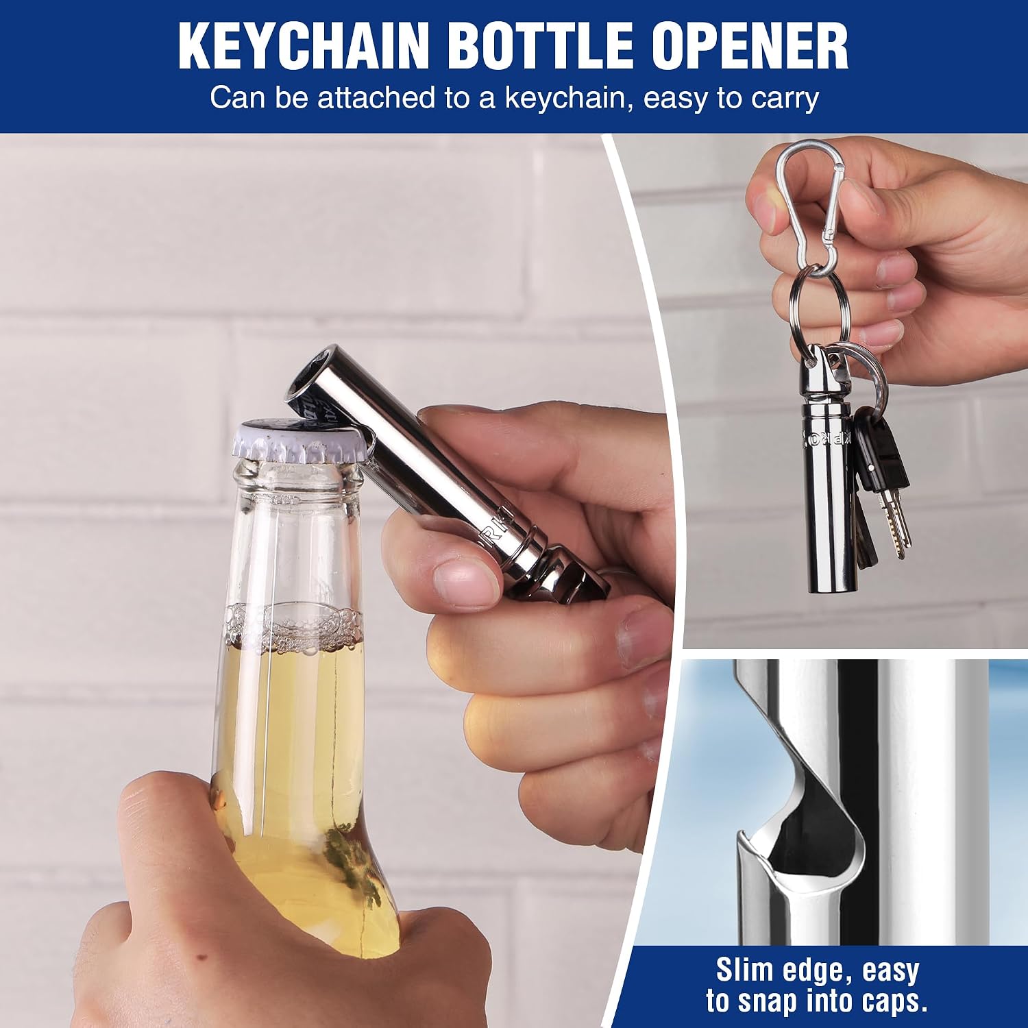 Chrome WORKPRO socket bottle opener with key ring, used to pry a bottle cap