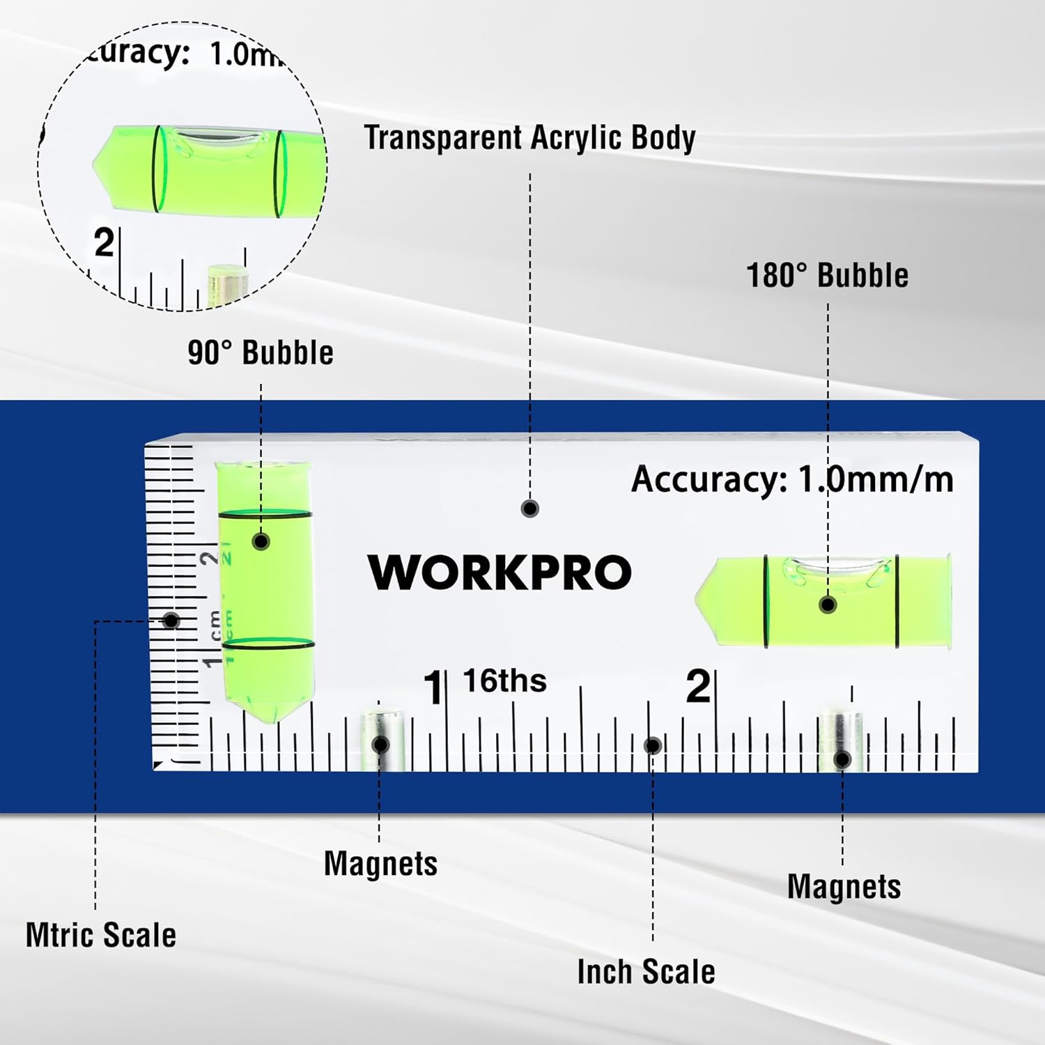 WORKPRO mini magnetic level with clear body, 90° and 180° green bubbles