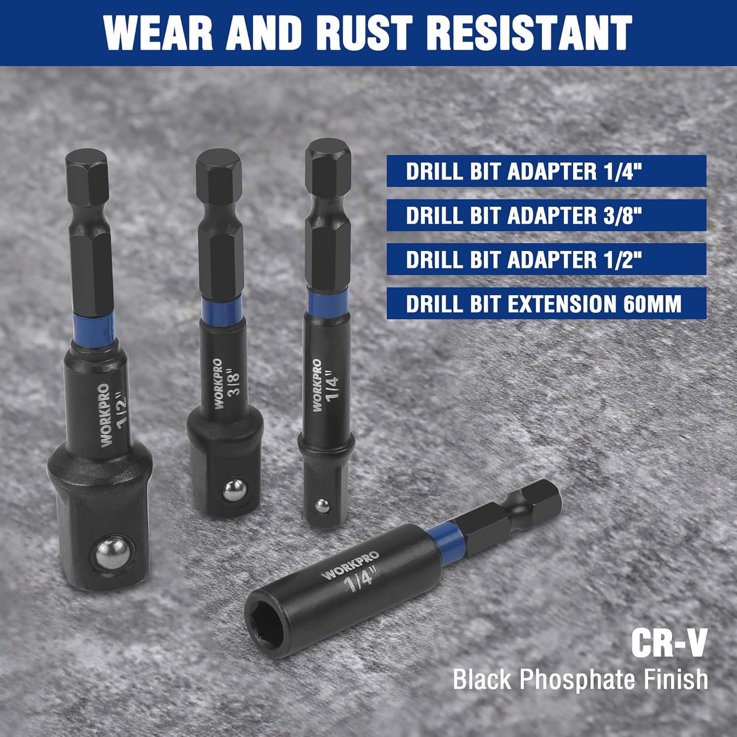 Nut driver adapters and extension pieces with black phosphate CR-V finish