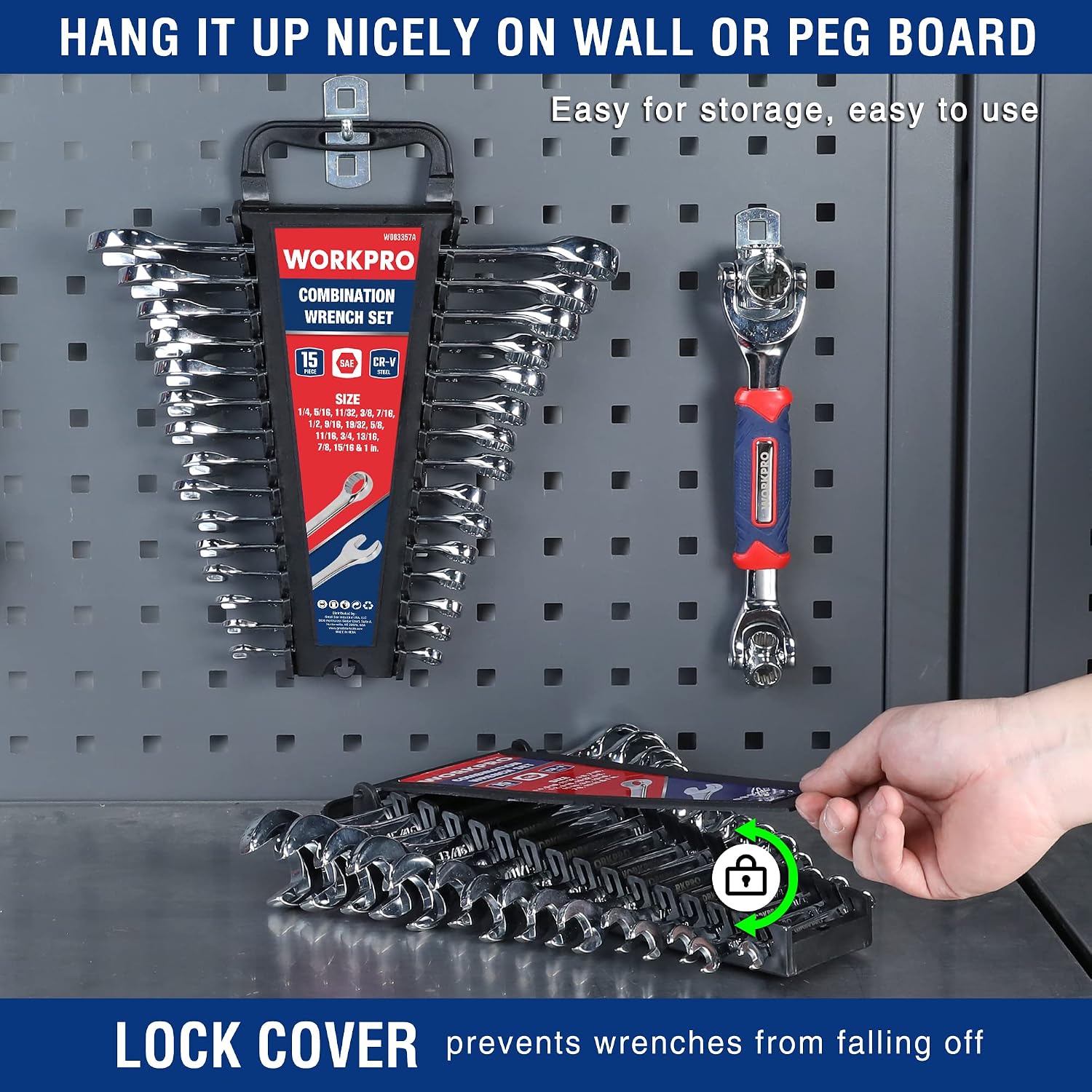15-piece SAE combination wrench set on wall rack with lock cover, chrome wrenches