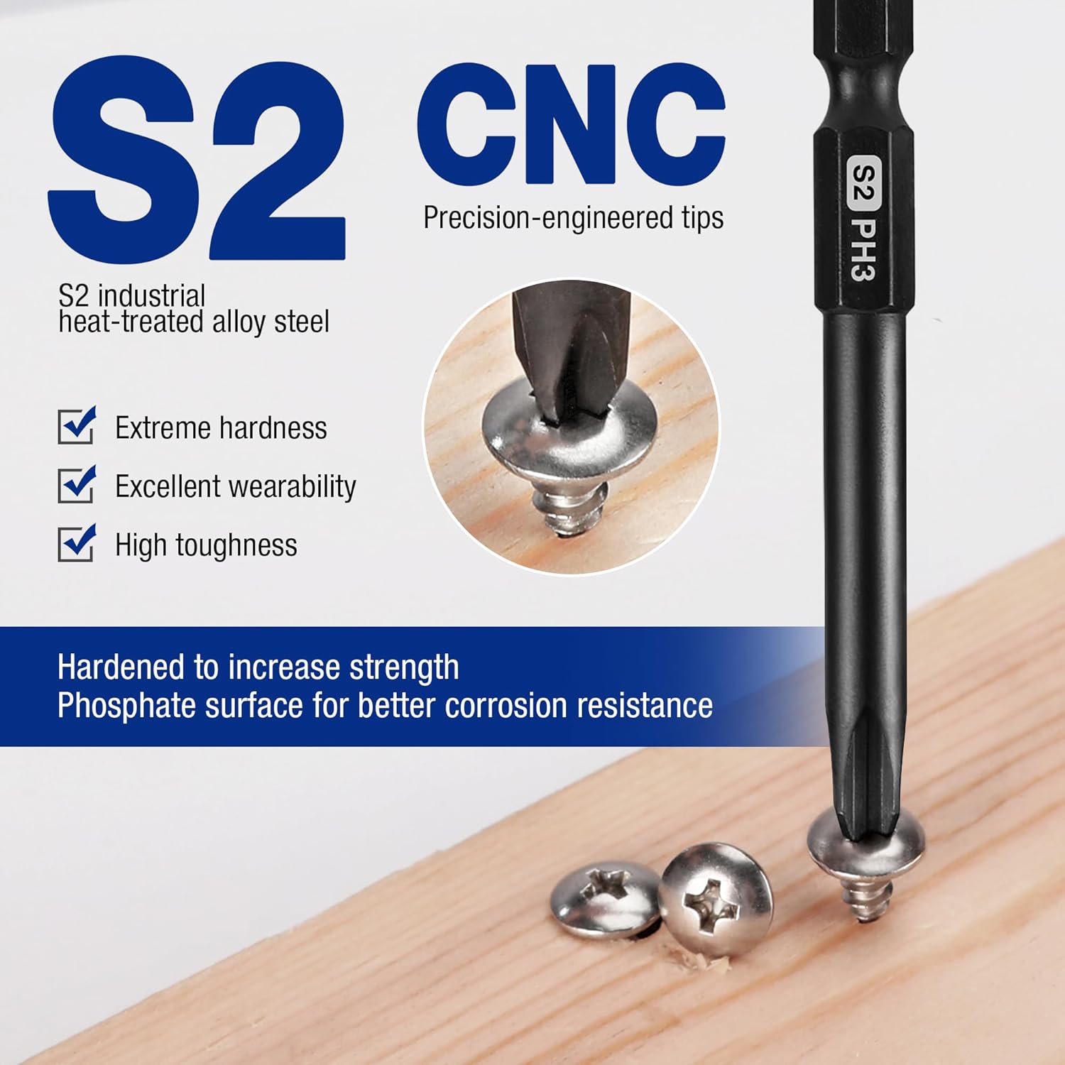 WORKPRO S2 steel precision-engineered screwdriver bit with hardened tip and wood-screw contact