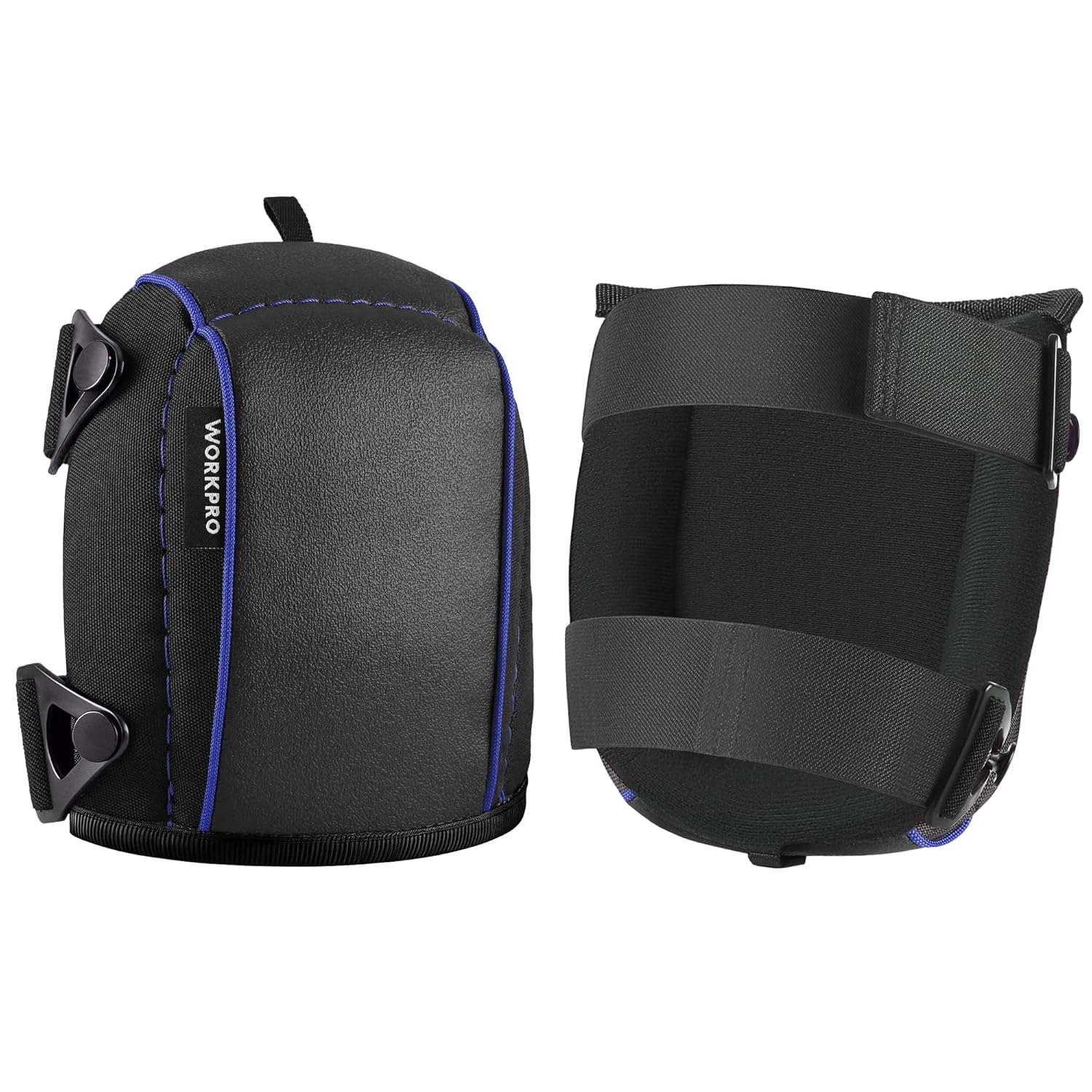 WORKPRO black foam knee pads with adjustable straps and blue edge stitching, pair