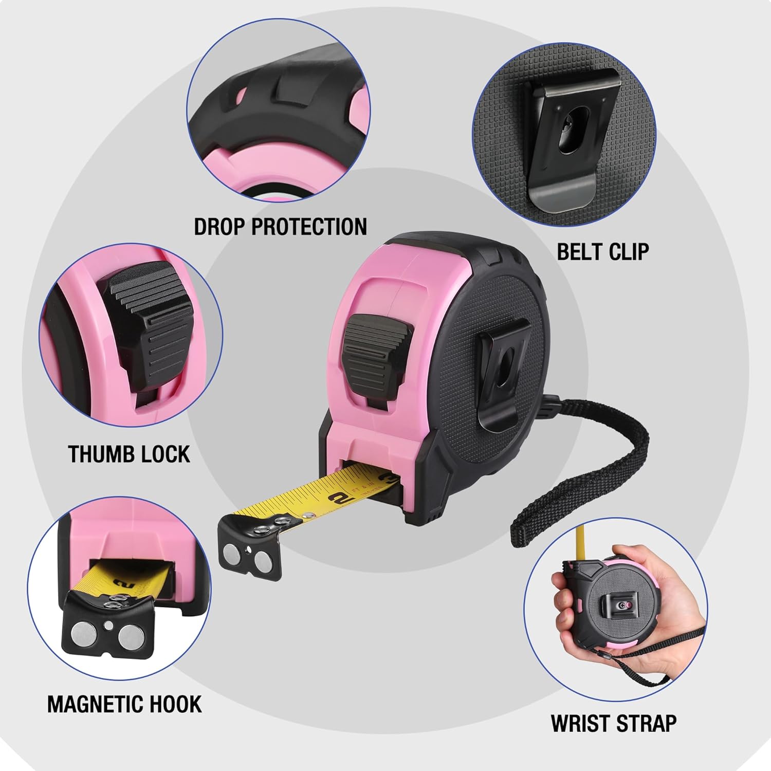 Pink WORKPRO tape measure with thumb lock, belt clip, magnetic hook and wrist strap