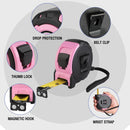 WORKPRO 16FT Pink Tape Measure, 1/8 Fractions Easy Read Measuring Tape, Retractable Nylon Coating Measurement Tape Accuracy 1/32, Magnetic Hook, Belt Clip, Rubber Protective Casing