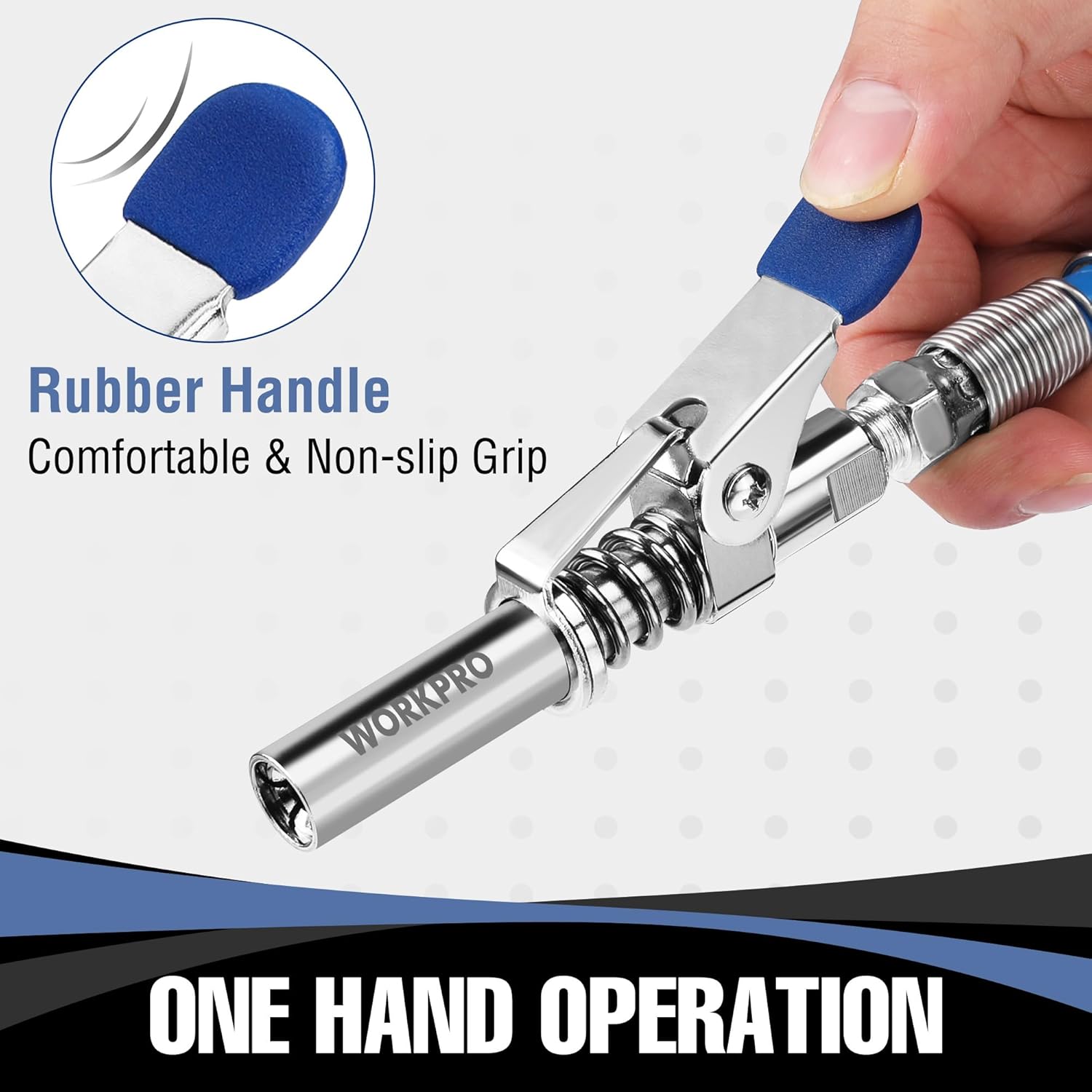 Grease coupler with blue rubber grip for comfortable, one-hand operation
