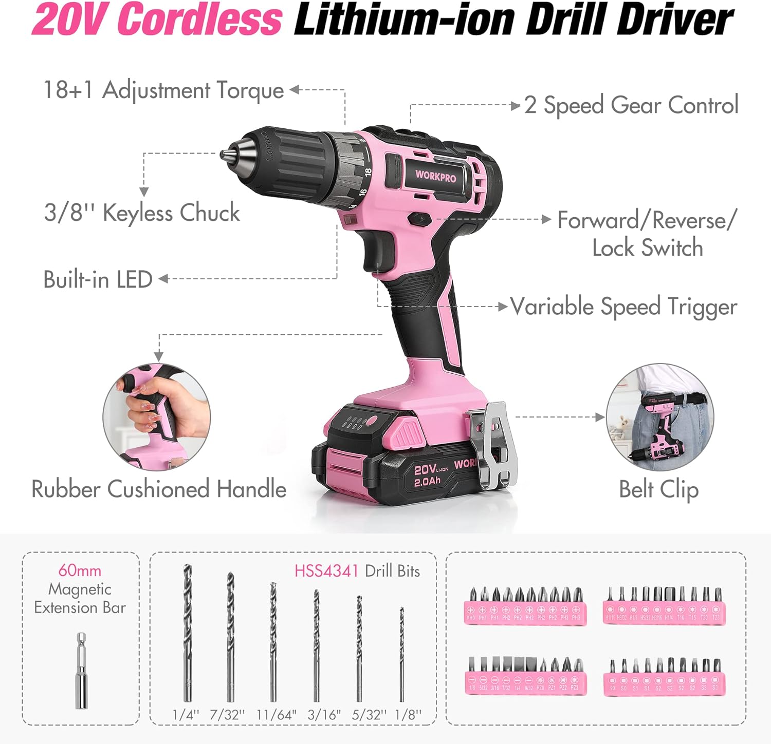 Pink cordless drill driver with 2-speed control, built-in LED, and 3/8-inch keyless chuck