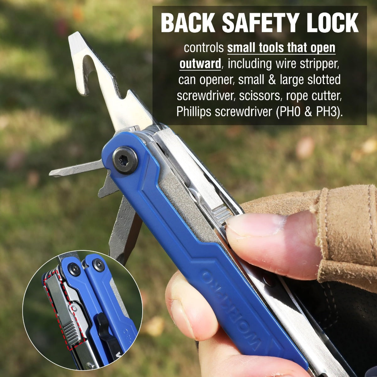 18-in-1 multi tool pliers, blue in hand with locking back and folding blade tools
