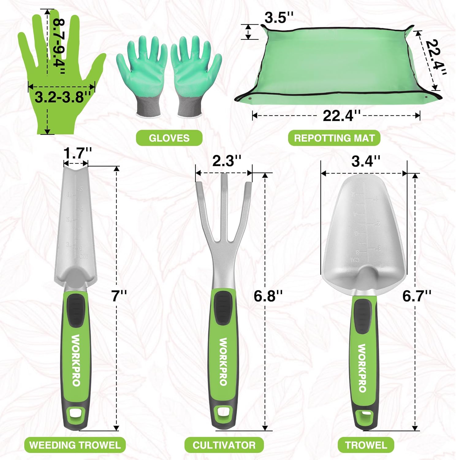 Aluminum garden tool set with three hand tools, green grips, and repotting mat