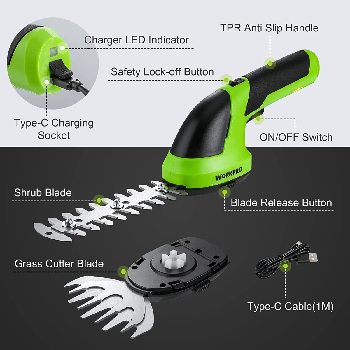 Cordless shrub trimmer with interchangeable shrub and grass blades, lime green body