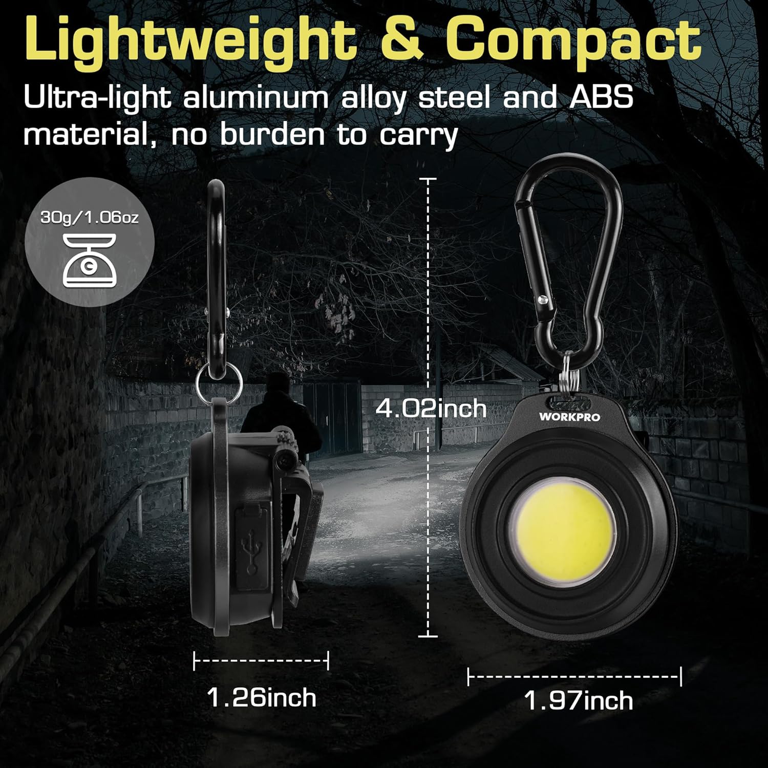 Black compact keychain flashlight with carabiner and size proportions