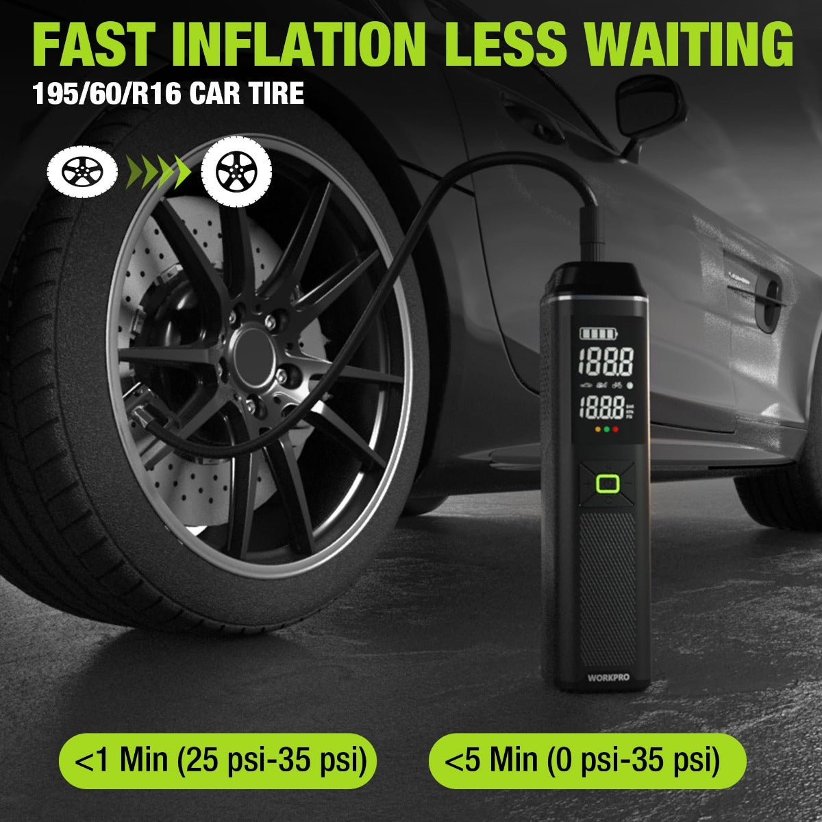 Portable tire inflator air compressor with digital gauge beside a car tire