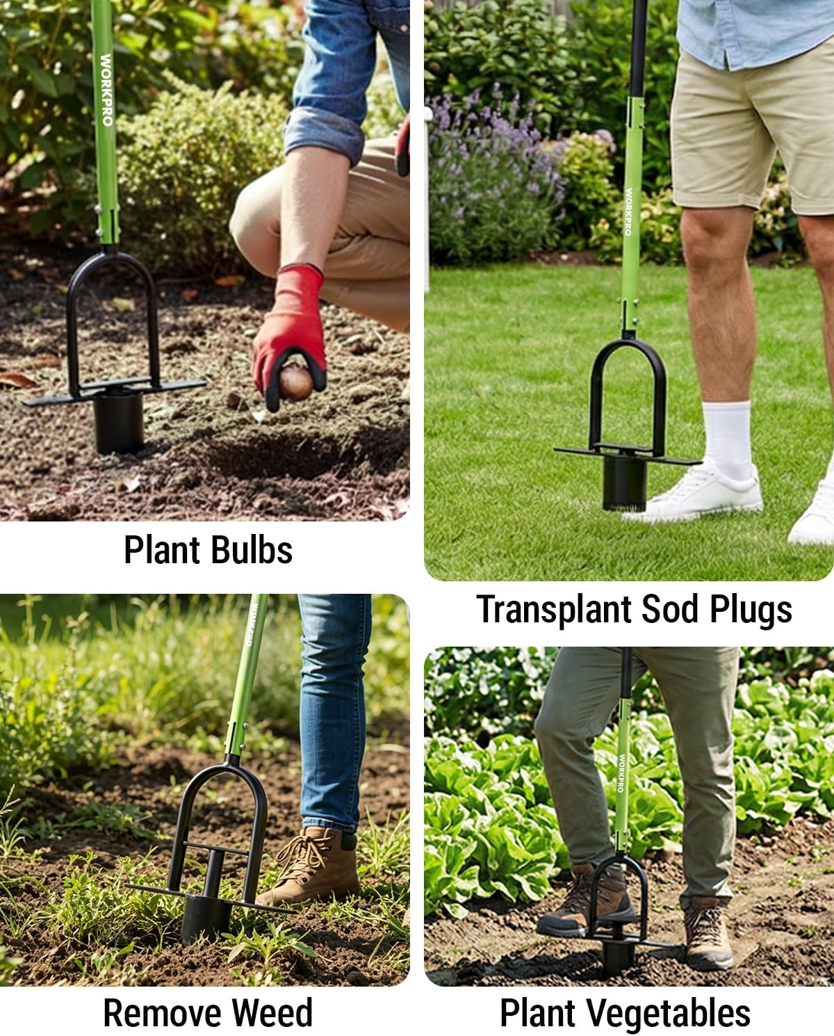 Soil plugger used for planting bulbs, transplanting sod plugs, weeding, and vegetable beds
