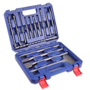 Blue storage case holding rotary hammer drill bits and chisels set