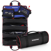 Black tool roll bag with blue interior pockets and a detached pouch with zipper closure