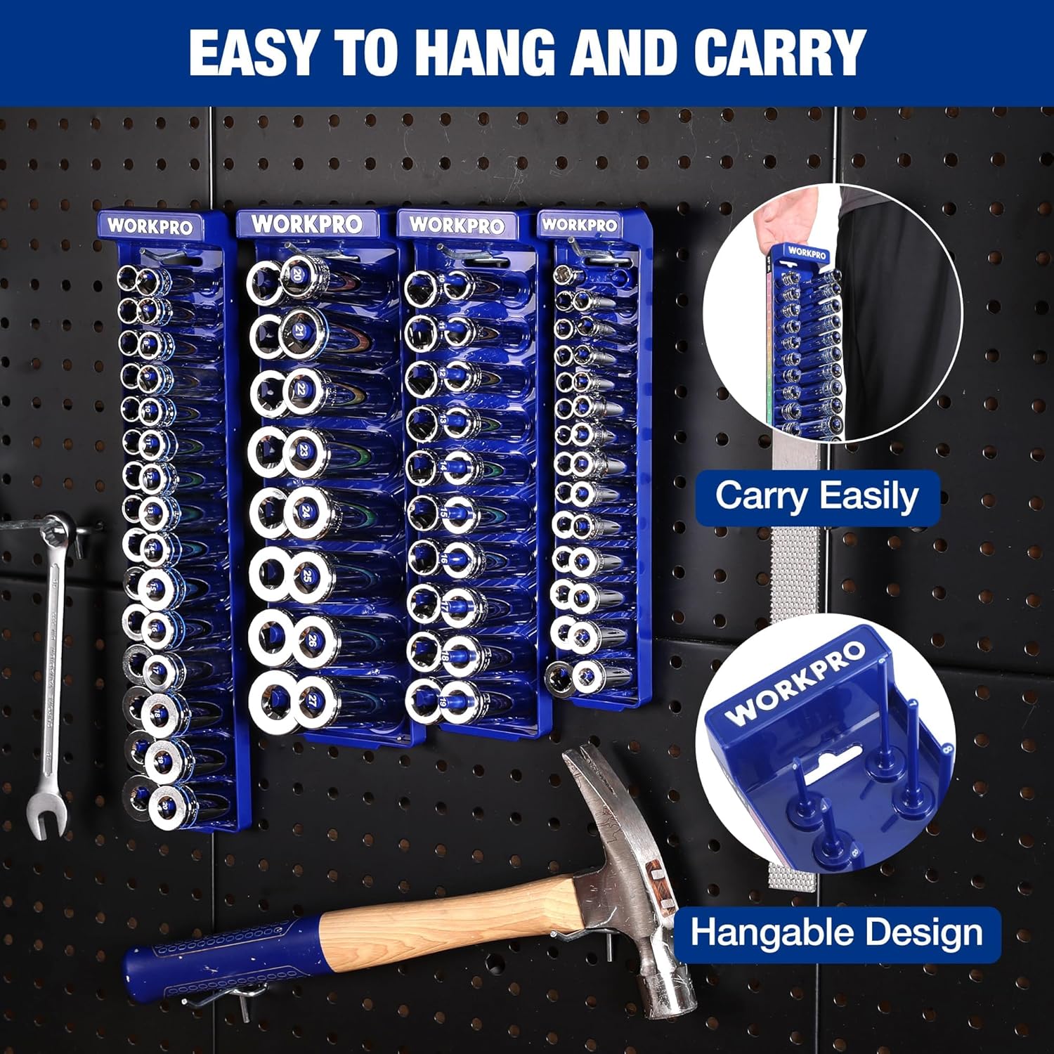 Hanging socket organizer set with multiple blue trays on a pegboard, sockets stored