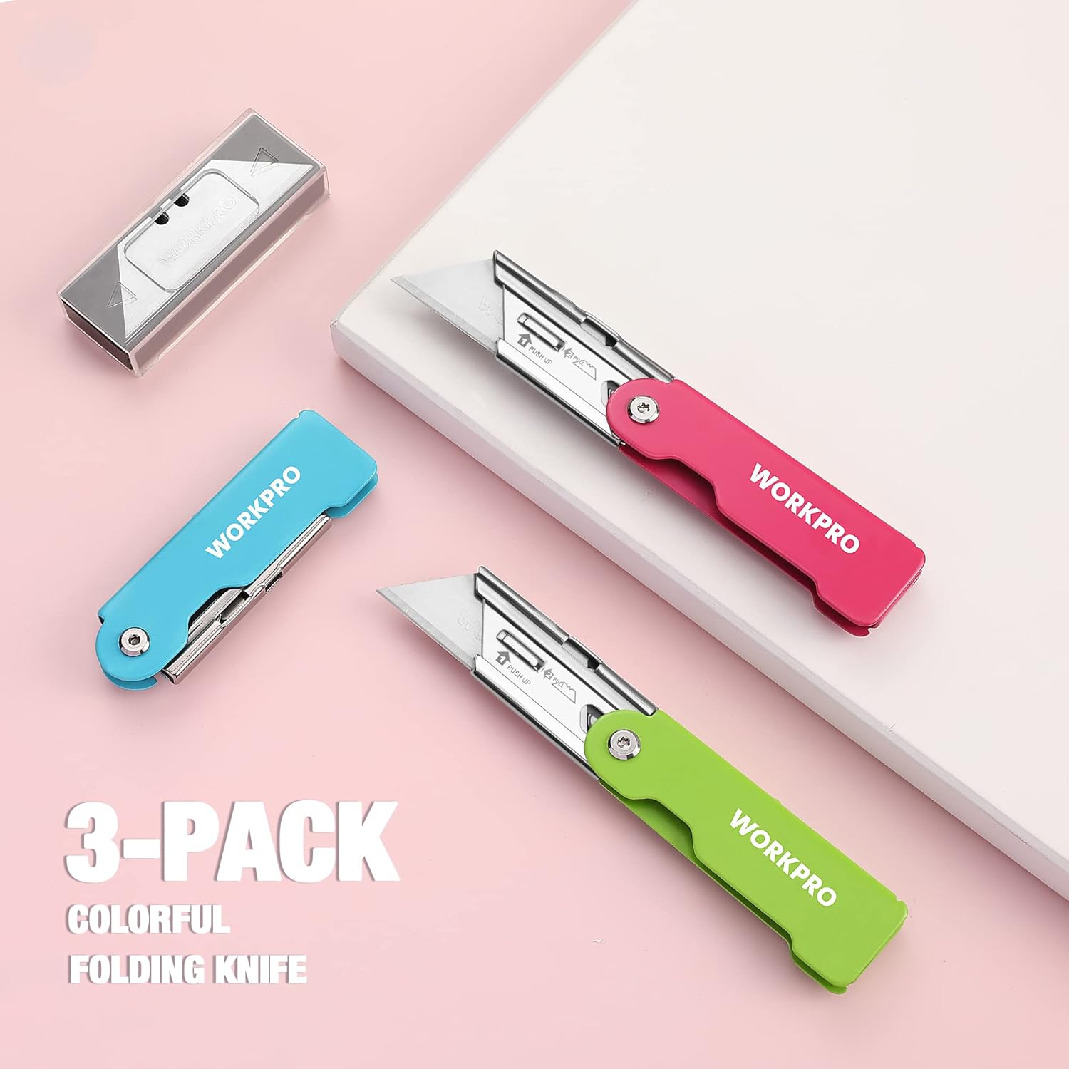 3-pack colorful folding utility knives: pink, green, and blue with blades