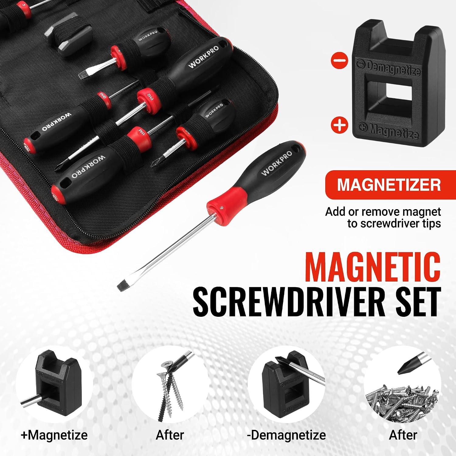 WORKPRO 10-Piece Magnetic Screwdriver Set with Pouch, Red