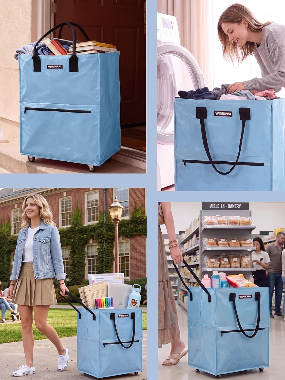 Light blue rolling grocery bag with dual handles and smooth casters, shown in multiple views