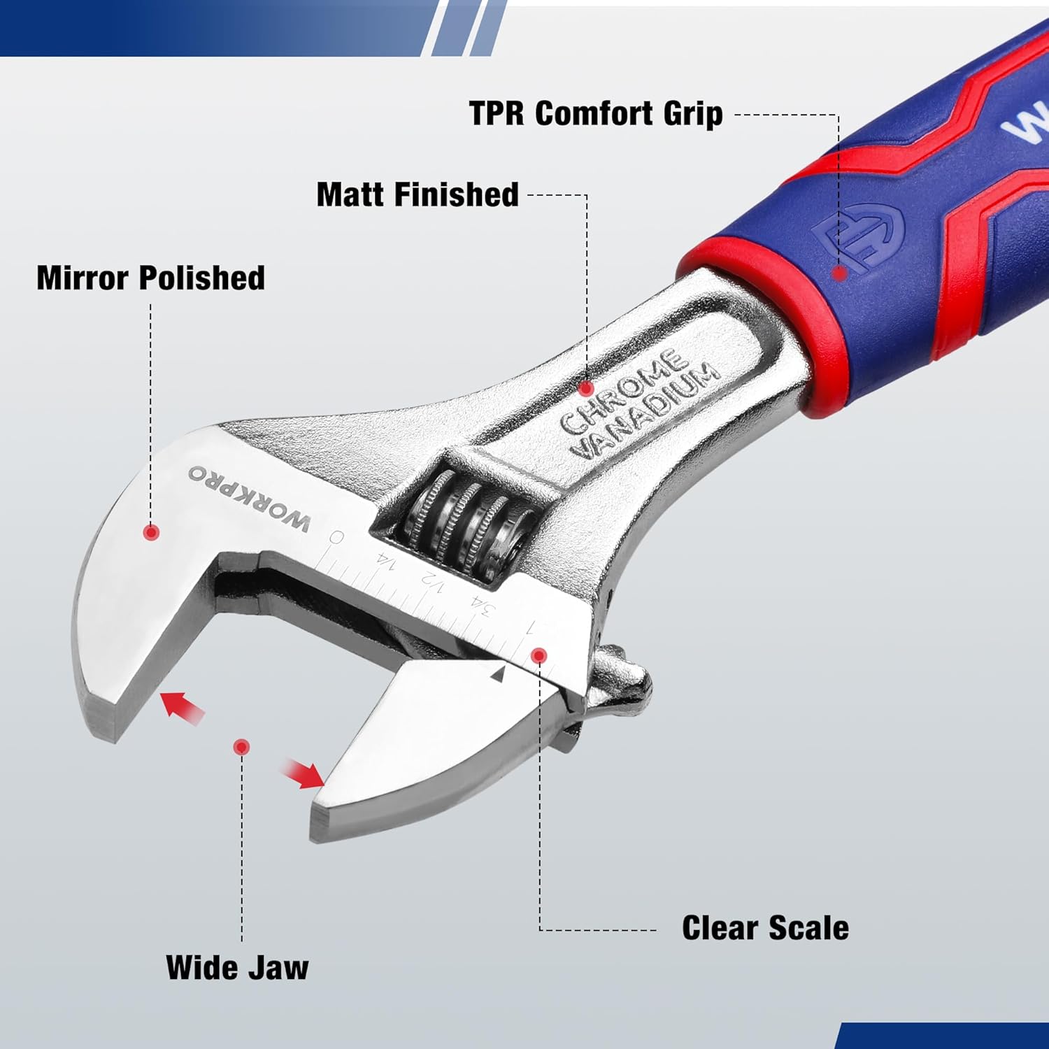 Adjustable wrench showing wide jaw and clear measurement scale, chrome finish with blue/red grip