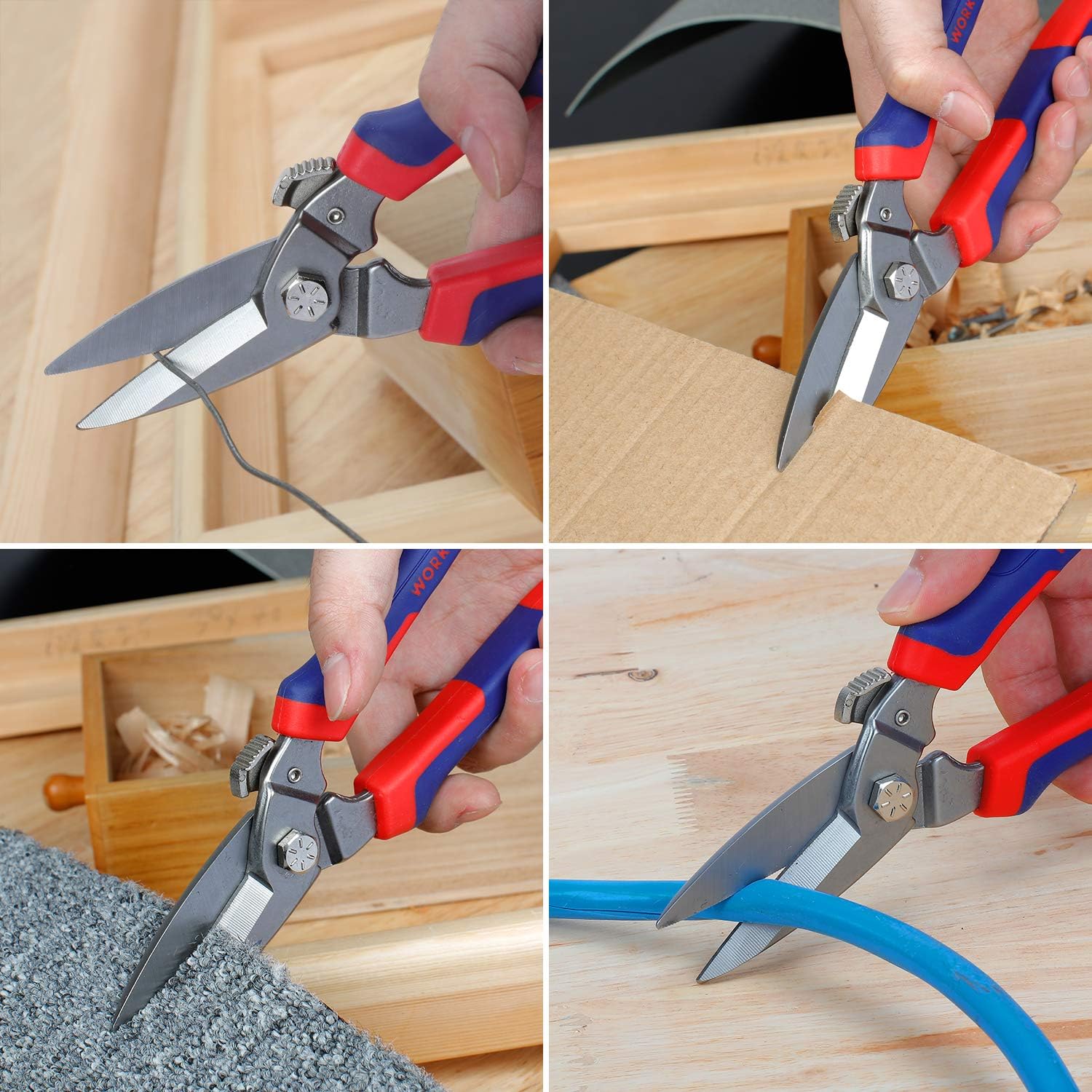 Utility shears with blue-and-red handles, gray blades shown during cutting