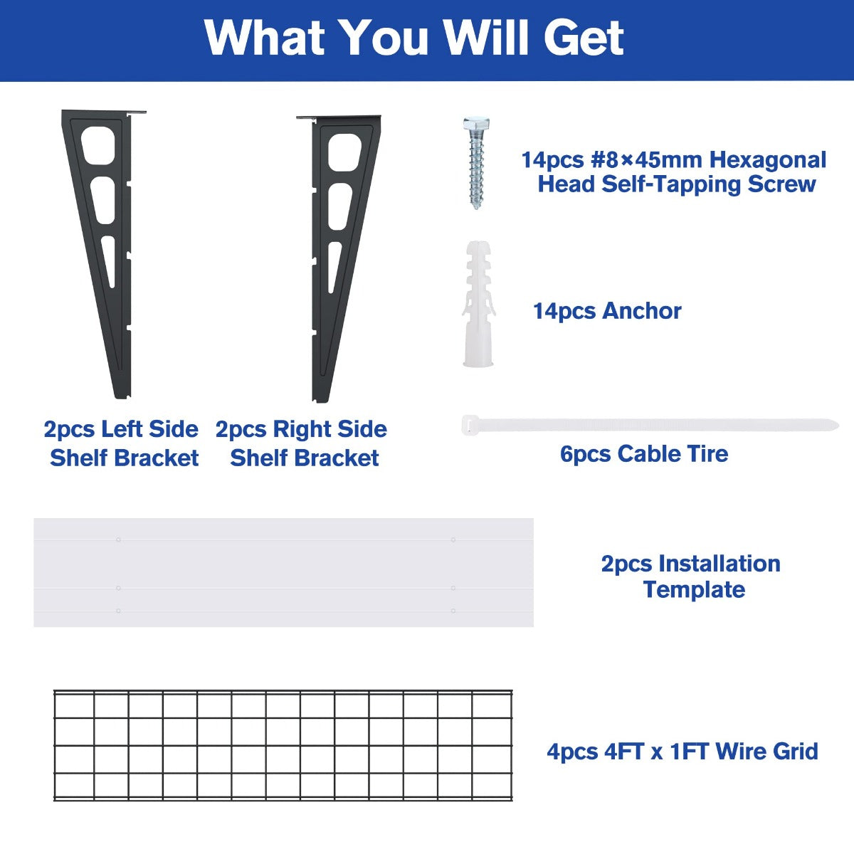 Installation kit for black wall shelving: brackets, screws, anchors, cable ties, template