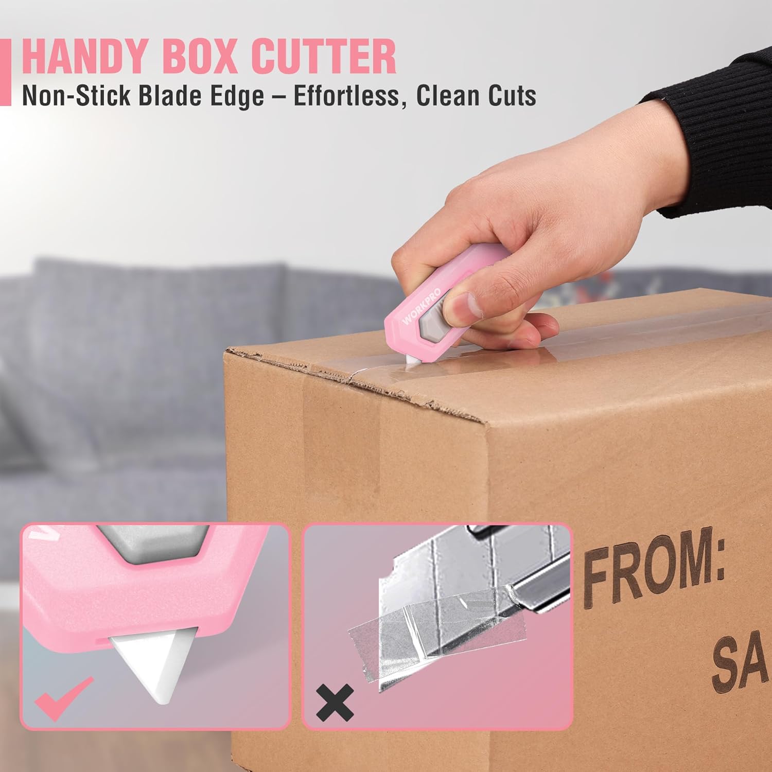 Pink mini box cutter cutting cardboard box; retractable blade edge exposed