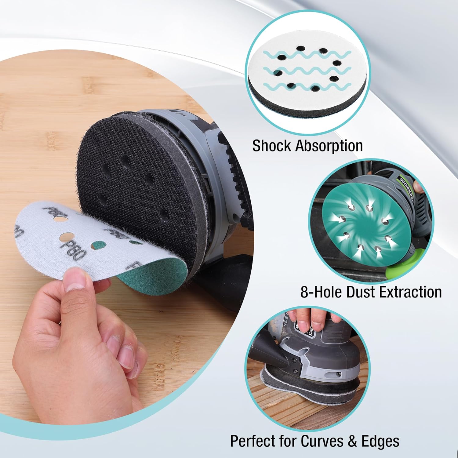 Orbital sander sanding pad set with 8-hole dust extraction and shock-absorbing backing