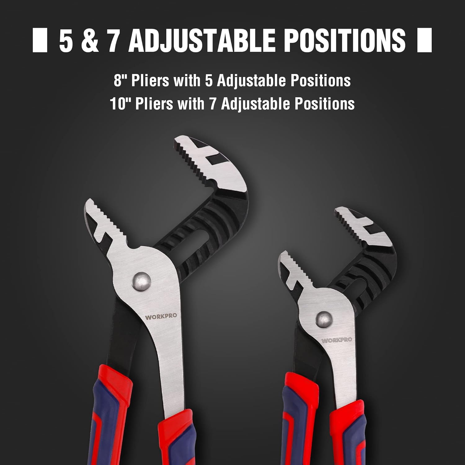 Adjustable position groove pliers set, showing 8 in and 10 in sizes with red/blue grips