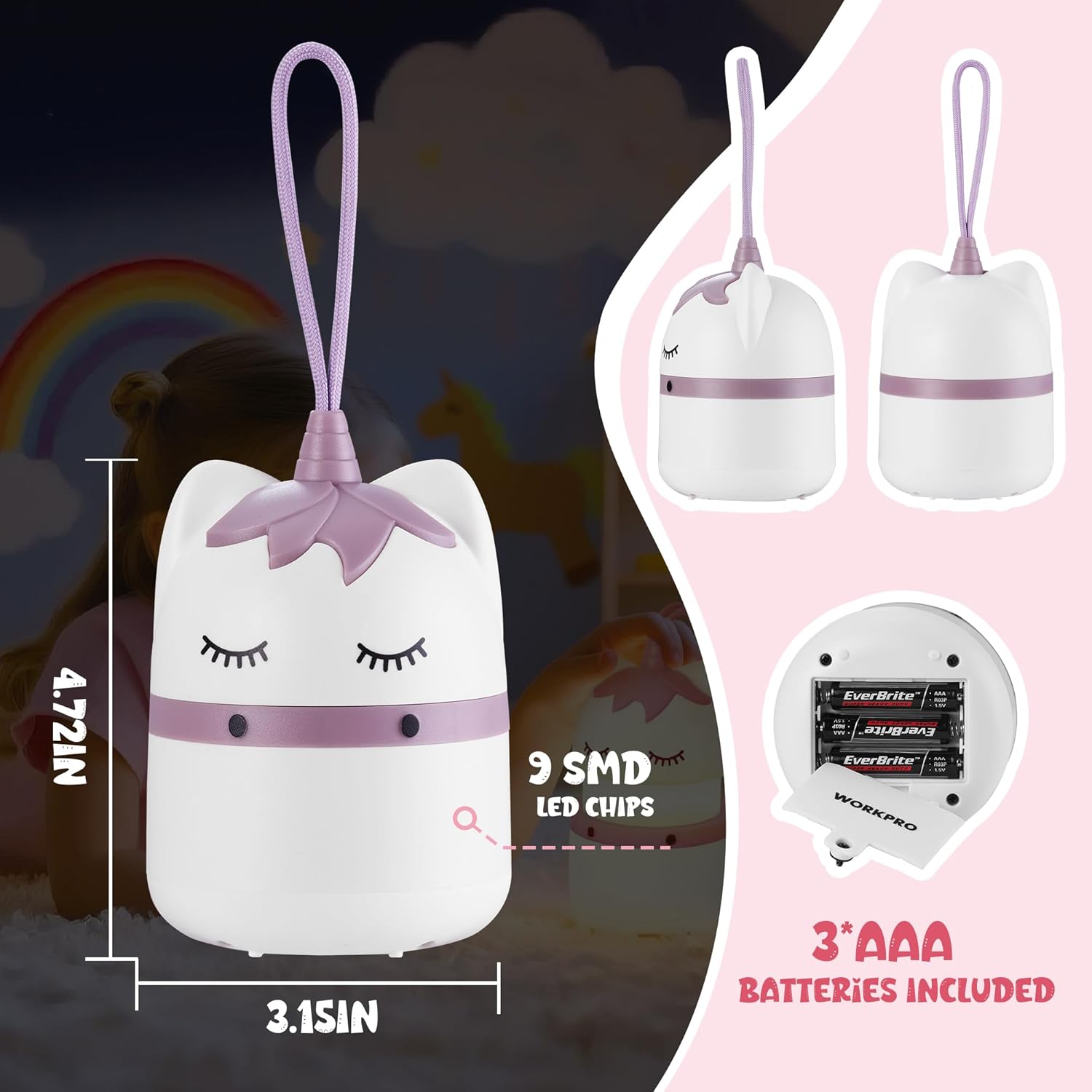 Unicorn kids lantern with lanyard, white body and purple horn accents; 3 AA batteries included