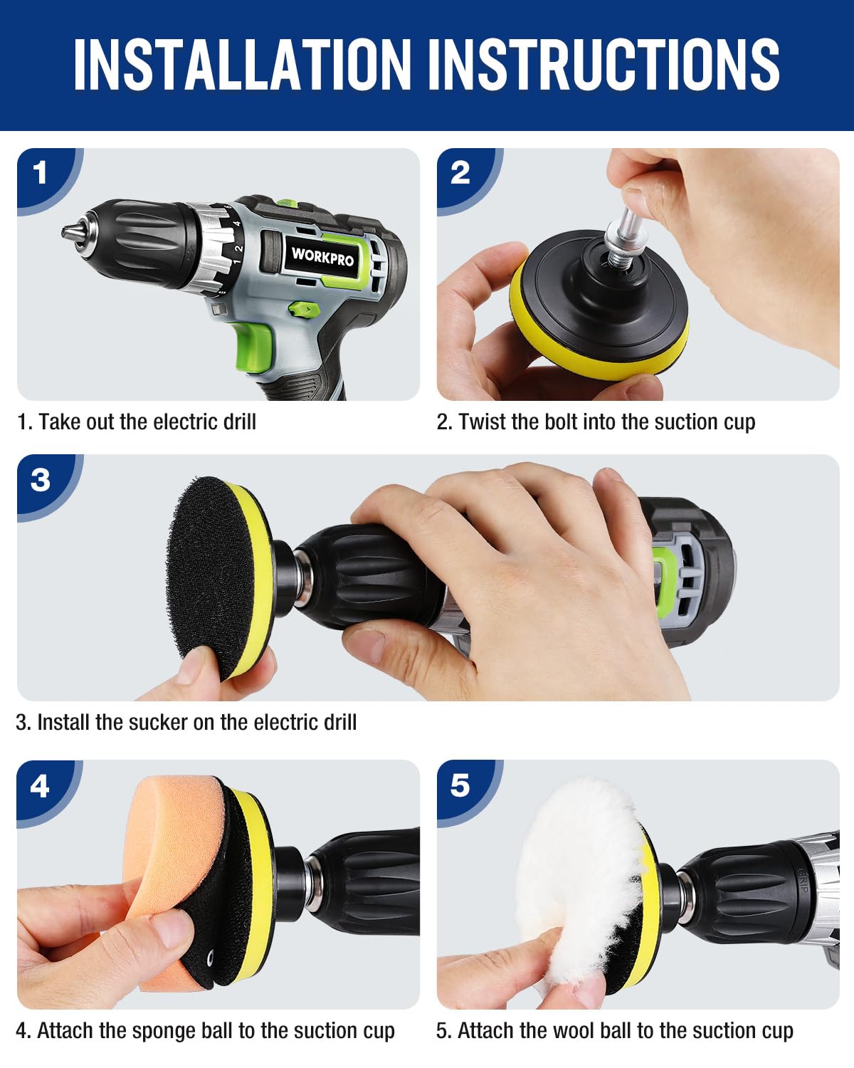 Installation diagram showing suction cup and foam pads attached to drill buffer